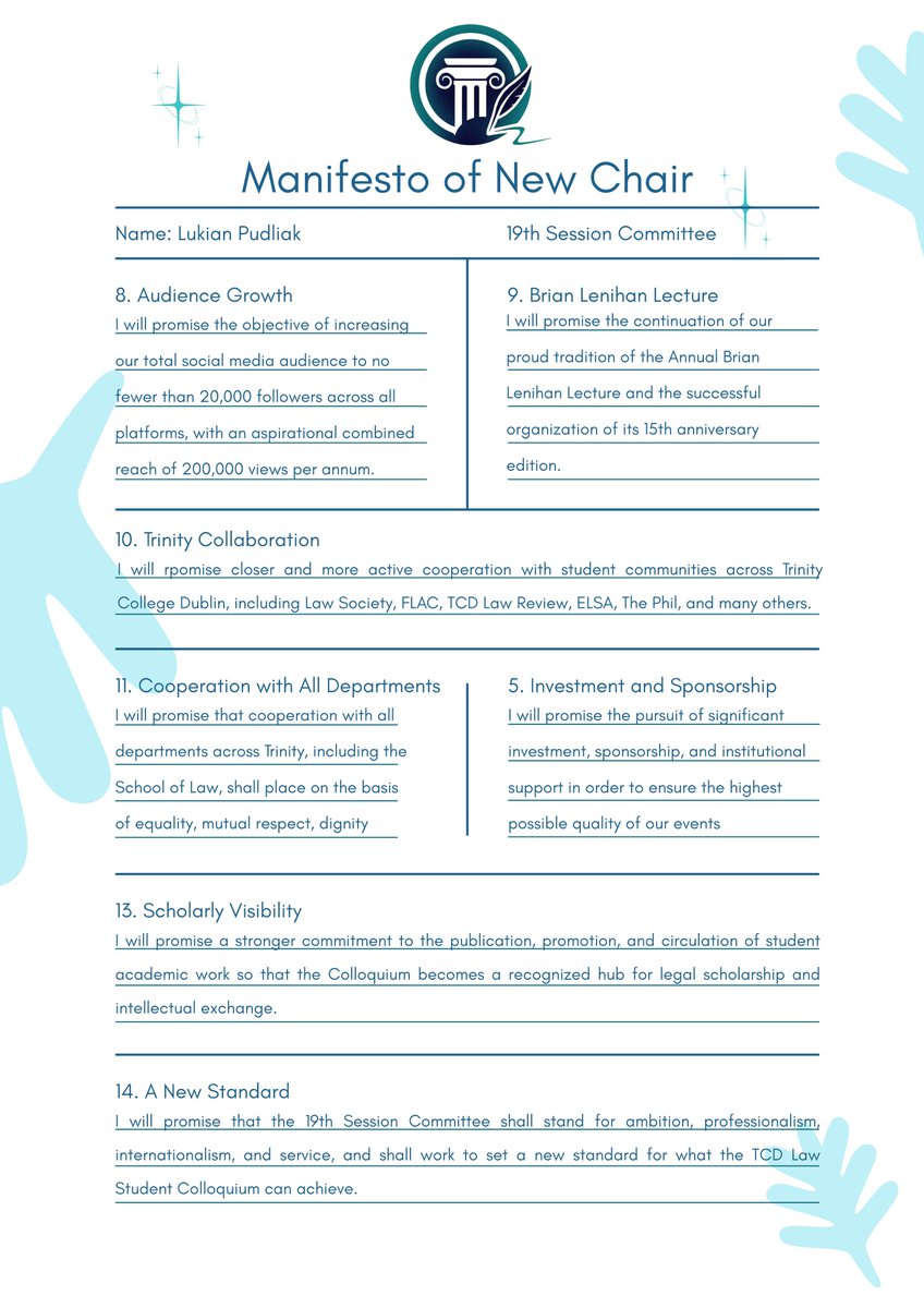 TCDColloquium's tweet photo. We are delighted to share the manifesto presented by our newly elected Chair during the election process.
Consisting of 14 points, it sets out the direction of our work and will guide the development of the 19th Session Committee throughout the 2026/27 term. https://t.co/uBCW4yFMN8