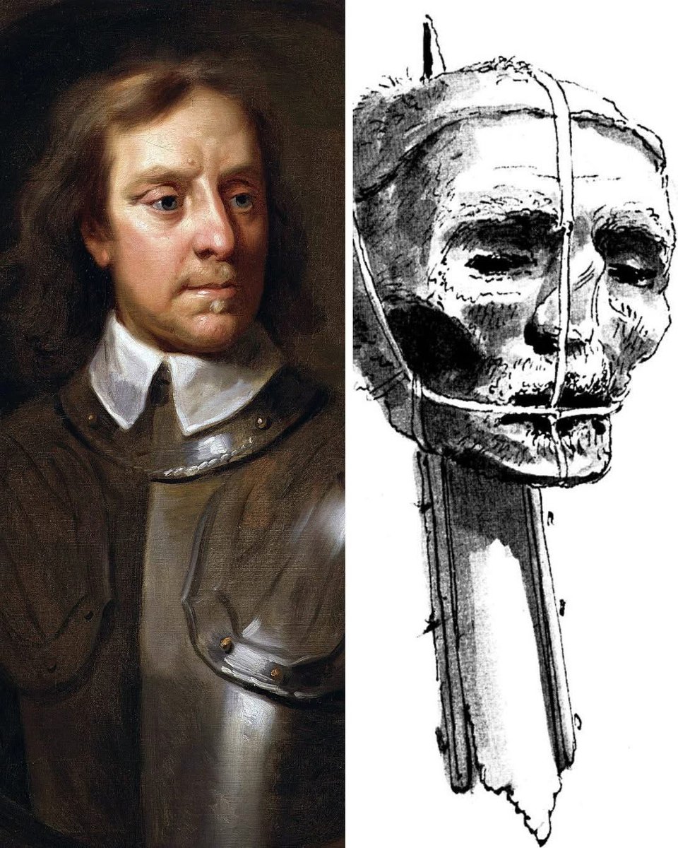 xKnowledgeBANK's tweet photo. Oliver Cromwell: From Parliamentarian Leader to Posthumous Outlaw

Oliver Cromwell remains one of the most controversial figures in English history. Rising from relative obscurity as a Member of Parliament, he became the formidable commander of the Parliamentarian army during the English Civil Wars. By 1648, Cromwell’s forces had decisively defeated King Charles I’s Royalists, setting the stage for the king’s trial and eventual execution.

Following Charles I’s execution in 1649, Cromwell assumed the role of Lord Protector of the English Commonwealth. He ruled until his death in September 1658, likely from complications of a urinary infection. His funeral at Westminster Abbey was conducted with great pomp, modeled on that of King James I.

The Restoration of the monarchy in 1660 brought Cromwell’s enemies back to power. To many Royalists, he was the architect of Charles I’s downfall and the republic that followed. In January 1661, on the anniversary of the king’s execution, Cromwell’s body was exhumed and subjected to a gruesome posthumous execution. His corpse was hanged at Tyburn, beheaded, and his head displayed on a spike outside Westminster Hall as a stark warning to all who might challenge the monarchy.

Cromwell’s severed head remained on display for nearly 25 years, battered by the elements until it was eventually dislodged likely by a storm. From there, it began a bizarre journey through history. Passed between private collectors, exhibited in freak shows, and studied by scholars, the head became a macabre relic.

By the 20th century, forensic analysis and historical records confirmed the authenticity of the skull. In 1960, Cromwell’s head was finally reburied at Sidney Sussex College, Cambridge.