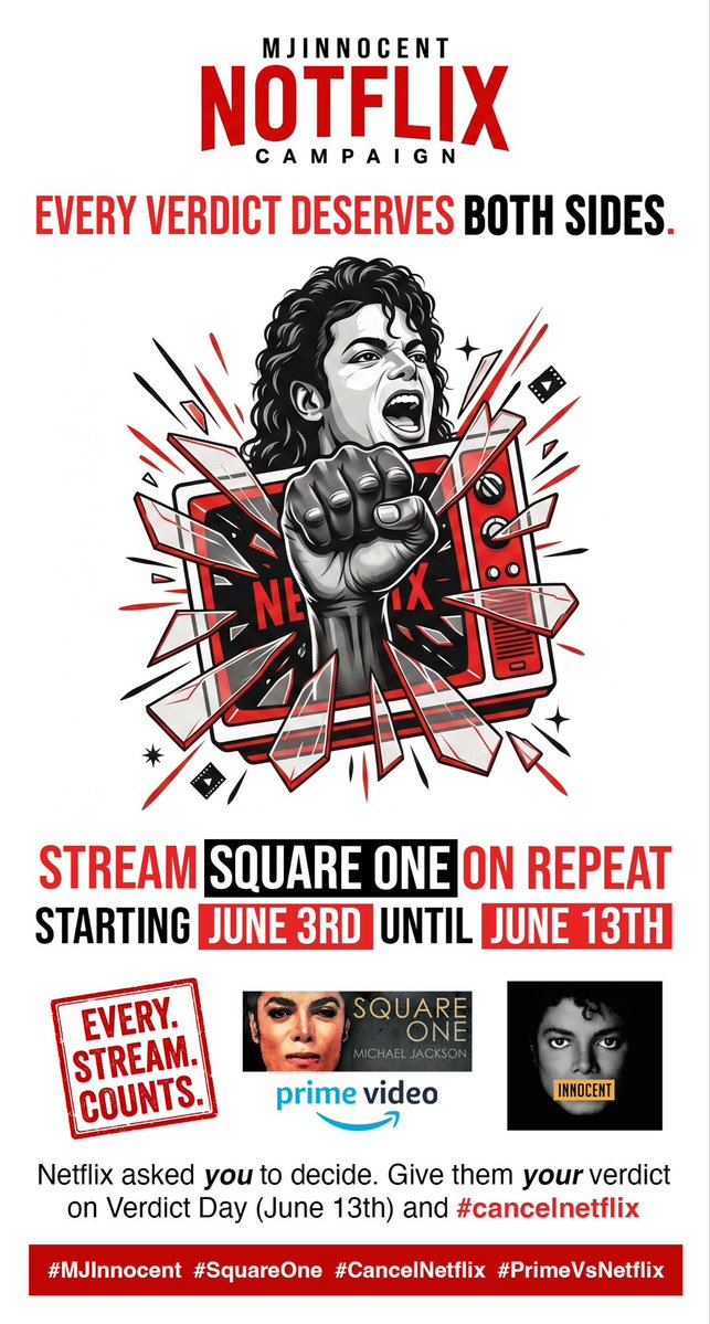 selz_j's tweet photo. #streamsquareone #mjinnocent #squareone #cancelnetflix #PrimeVsNetflix @PrimeVideo @Amazon https://t.co/eeag8ELVwj