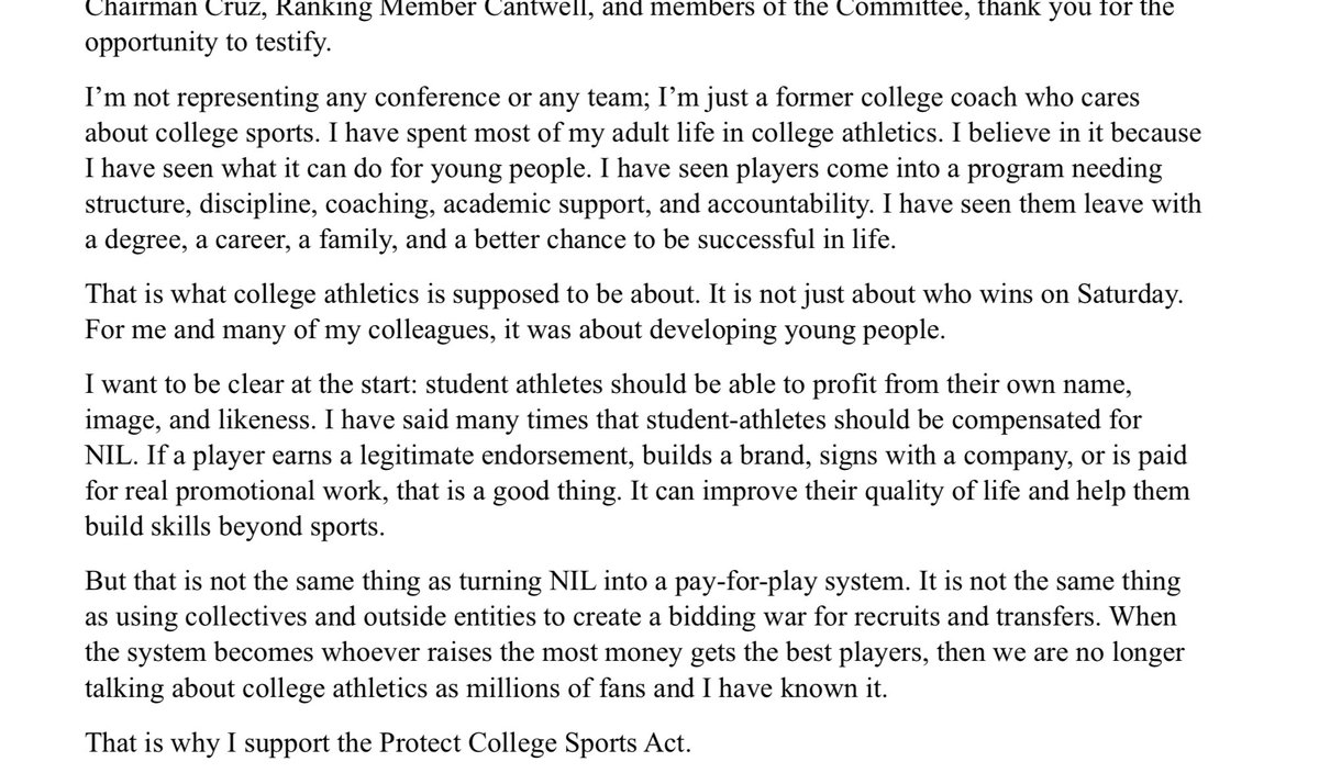 RossDellenger's tweet photo. In sworn testimony submitted to the U.S. Senate, Nick Saban strongly supports the Cruz-Cantwell bill and urges Congress to act, per documents obtained by @YahooSports.

The submission - from an ESPN employee &amp; ex-SEC coach - comes a day after the SEC’s statement against the bill. https://t.co/nYBLODioe5