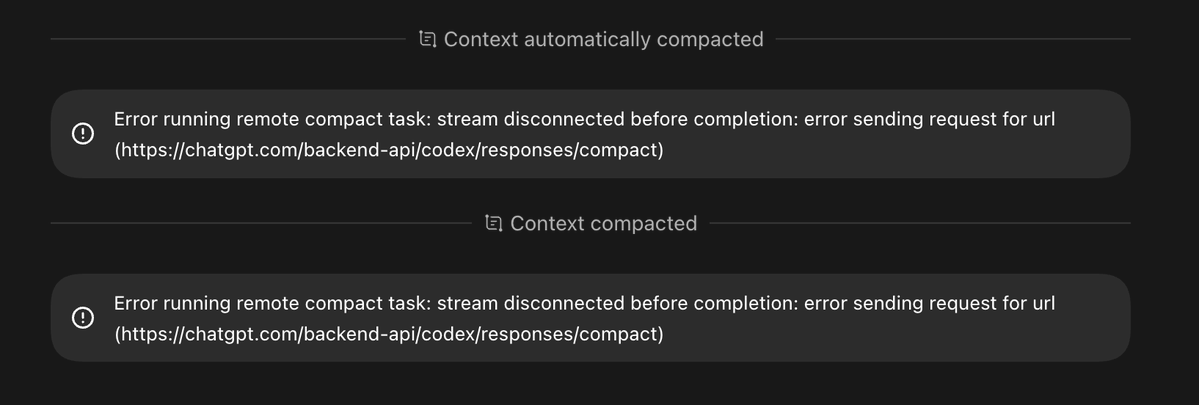 3DArnold's tweet photo. Anyone else having this issue with compacting context in Codex? @OpenAIDevs https://t.co/Mf04bv5O8R