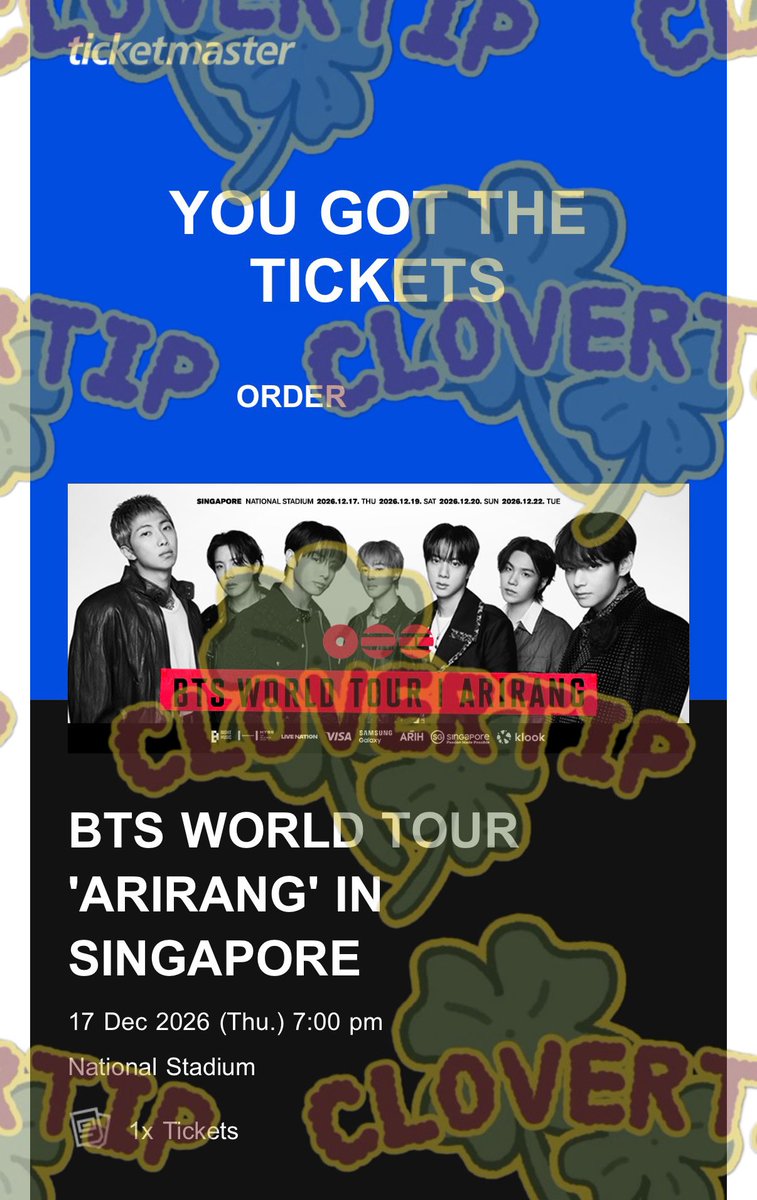 clover_tip's tweet photo. ticket proof secure BTS WORLD TOUR ARIRANG in SINGAPORE 💜 #clovertip_proofs

more on gdrive 🤍 https://t.co/oEf984HYSz https://t.co/8oBdvcAqYL