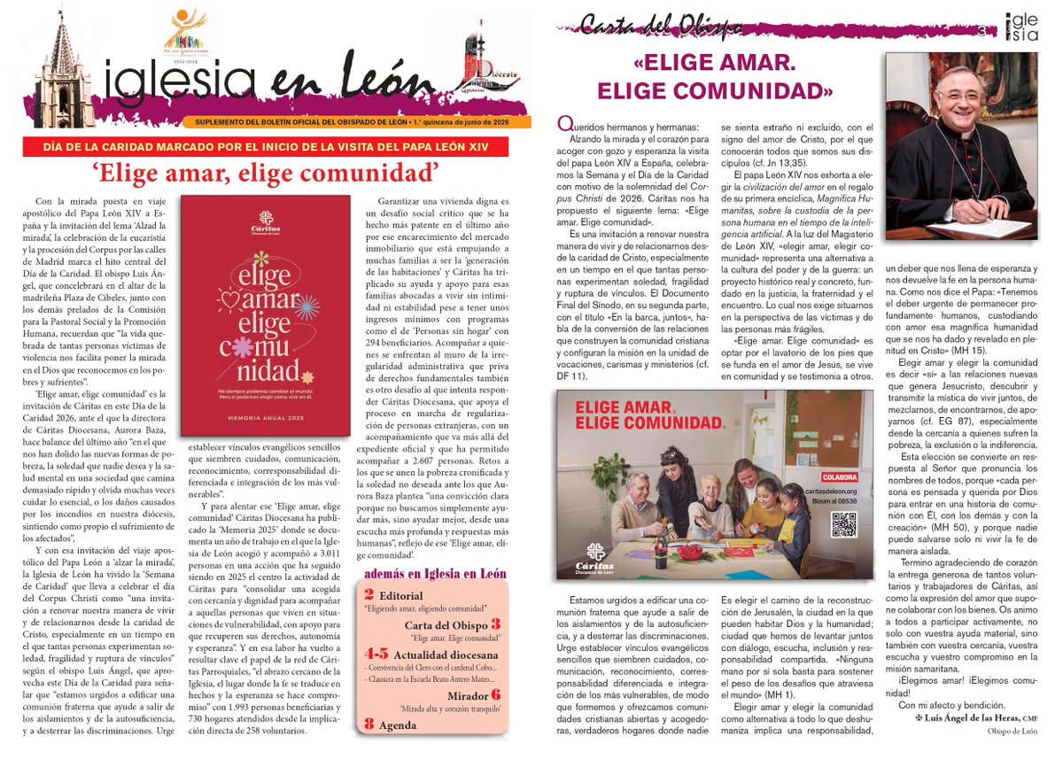 IglesiaEnLeon's tweet photo. 🗞 El número de la 1⃣ quincena de 📅 junio de 2026 de 📰 #IglesiaEnLeón, en el que nuestro Obispo el P. @cmfluisangel nos dirige la 📩 #carta 'Elige amar. Elige comunidad' ya se encuentra disponible en nuestra 💻 página web: https://t.co/FMRaVG5ZRr https://t.co/pNyviC18dr