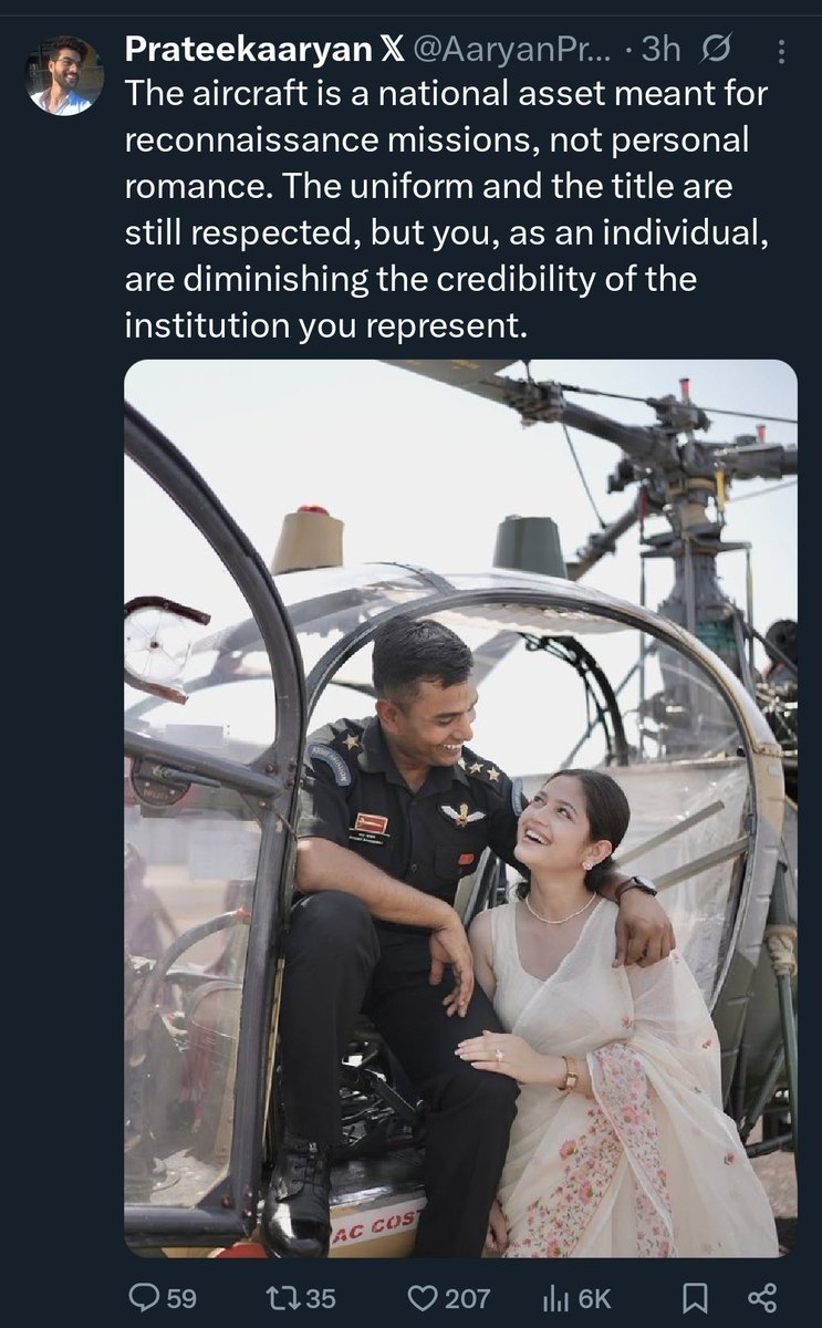 TheBharatVoiceX's tweet photo. @AaryanPrateekX

Before lecturing an Army Aviation officer on national assets and credibility, maybe read the facts first?  

It is people like you who mislead the nation.

This is Captain Bharat Bhardwaj right after earning his Wings at the official CAATS Nashik Passing-Out Parade (2 June 2026). Families are invited for the ceremony. The helicopter was on display at the venue, not on a reconnaissance mission.  

He proposed to his girlfriend of 5 years in front of fellow officers, instructors and loved ones who cheered. That’s not “diminishing the institution”  that’s an officer proudly sharing his milestone with the woman who stood by him.  The uniform is respected precisely because officers like him balance duty with humanity. 

Rigid uncles turning a family celebration into a scandal are the ones actually hurting the image.  

Jai Hind. Respect the man in uniform. 

#IndianArmy #WingsEarned #CAATSNashik