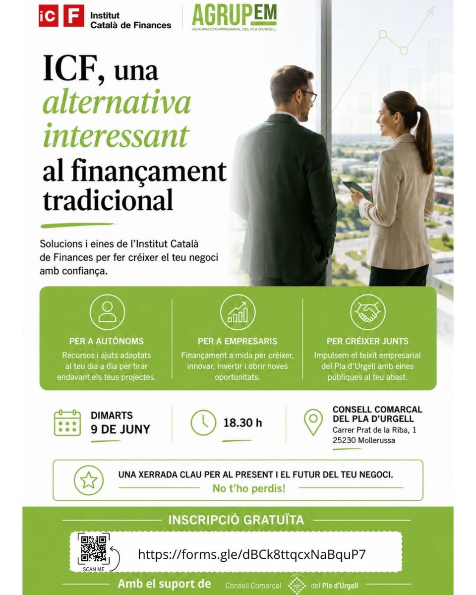 AgrupemPla's tweet photo. 🚨 Cada vegada falten menys dies!

L'ICF presenta eines de finançament, ajuts i oportunitats de creixement.

📅 9 de juny | 🕡 18.30 h 
📍 Consell Comarcal del Pla d'Urgell (Mollerussa)

No et quedis fora! Inscripcions: https://t.co/3n1LU5hfNY https://t.co/fZ45PC7wzR