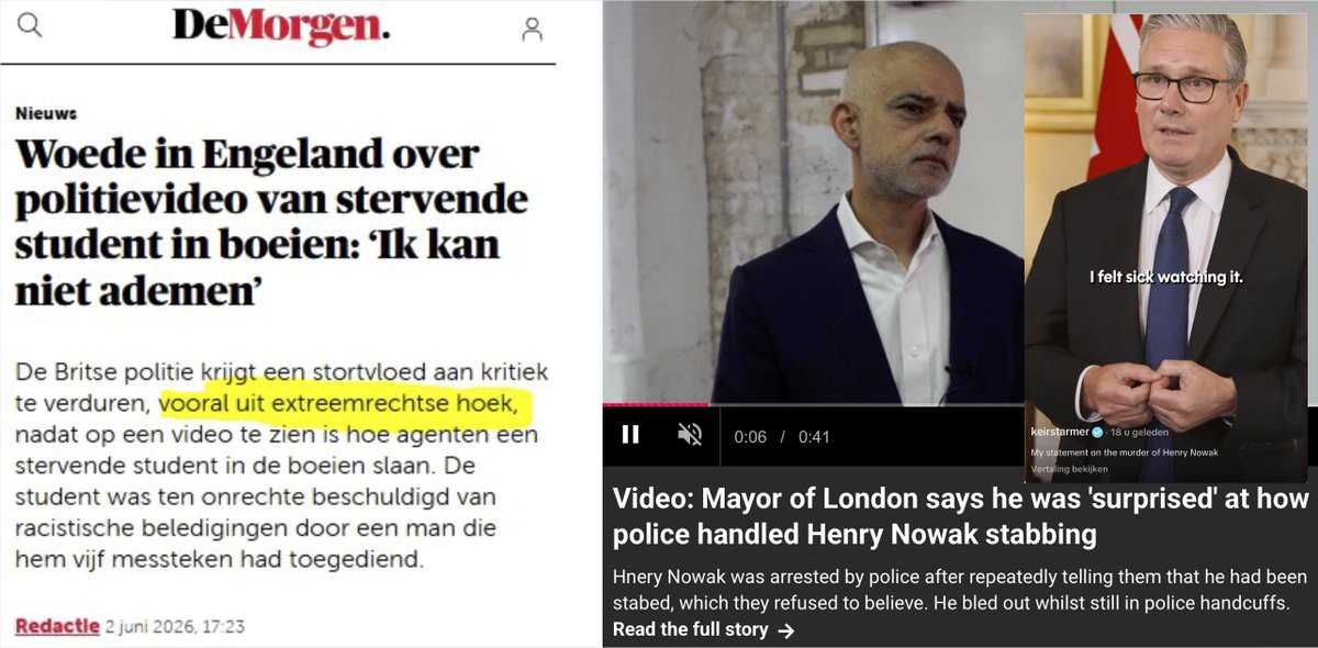 MichaelVerstrae's tweet photo. Zo ziek is de pers in ons land. Om zelf ziek van te worden. 

De Britse labourpremier en de linkse burgemeester van Londen uitten kritiek op het politieoptreden in de zaak van Henry Nowak.  Nowak werd in de boeien geslagen voor racisme en stierf terwijl hij zei dat hij geen adem kreeg.  Na messteken van een Aziaat die aan de politie had gelogen dat hij racistisch was bejegend door Nowak. Hij zou zijn tulband hebben afgeslagen, wat niet waar was.  De politie vindt het belangrijker een slachtoffer van een moord te handboeien voor racisme dan de dader aan te pakken.  

Toch slaagt de extremistische Belgische pers erin om te titelen dat de kritiek op de politie "vooral uit extreemrechtse hoek" komt. 

Om het met Starmer te zeggen: I felt sick watching this title in De Morgen.