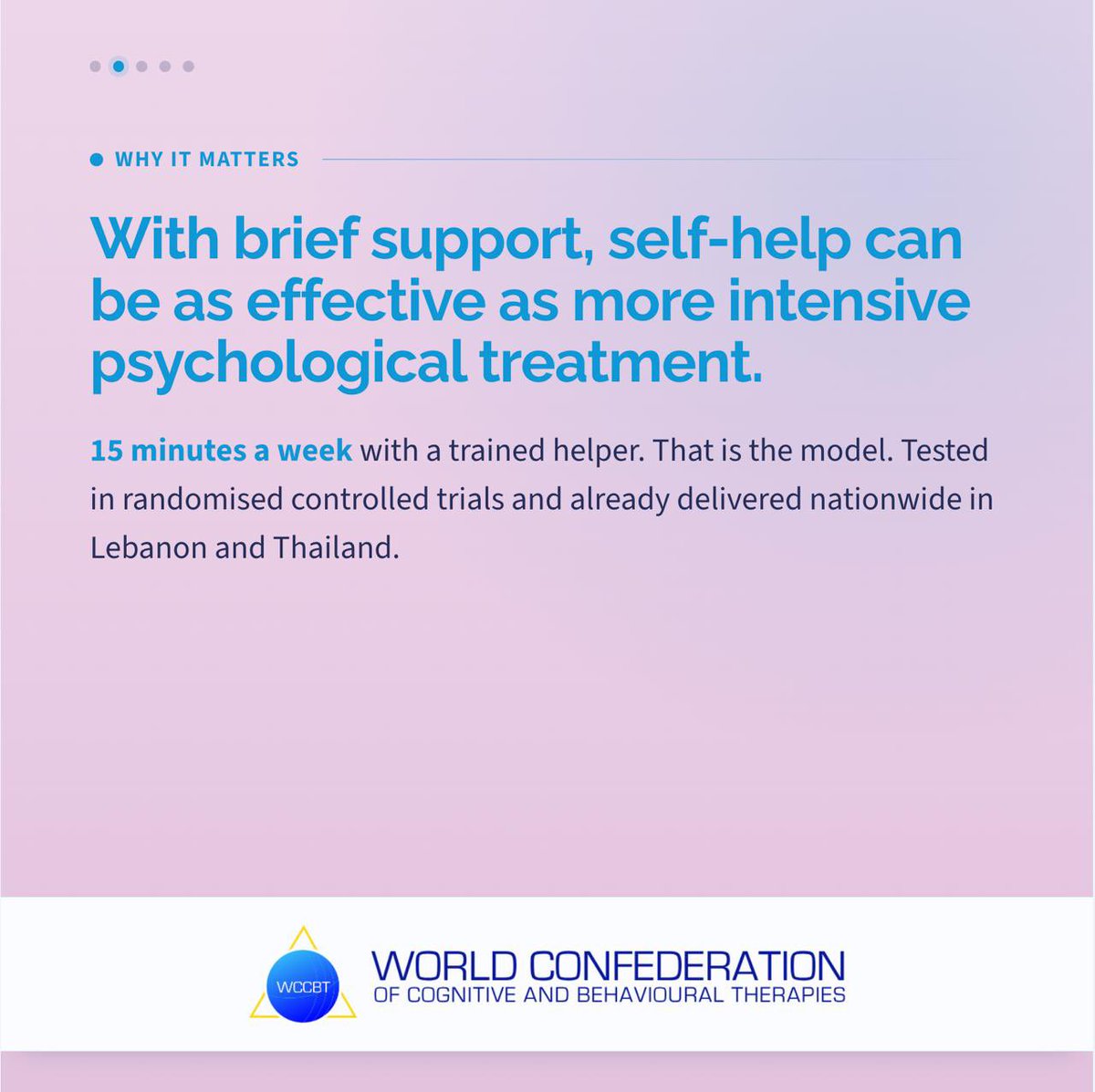 wccbtglobal's tweet photo. New from WHO, with input from us: a manual on delivering psychological self-help that actually works. 

15 minutes a week with a trained helper. Already running nationwide in Lebanon and Thailand.

The breakdown is on our blog https://t.co/Pf225cKDZI https://t.co/GSEdF1ikQA