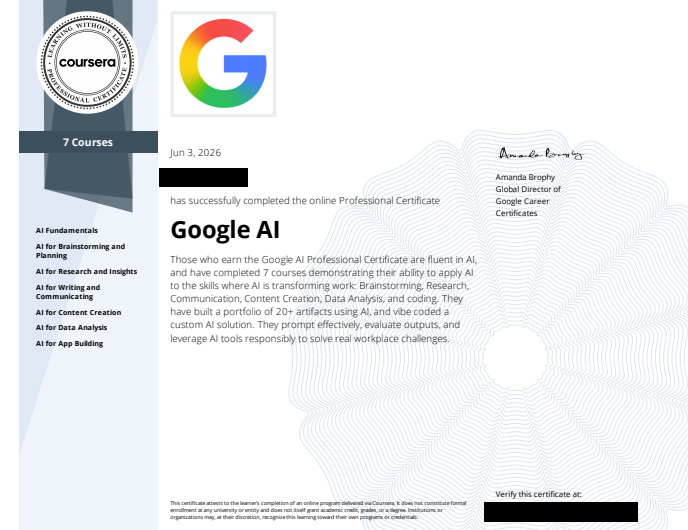 YF00009's tweet photo. Google AIプロフェッショナル認定証やっと終わらせた。。。
これ大学の単位の一つに認められるんだなぁ https://t.co/kI9n1pWZUl