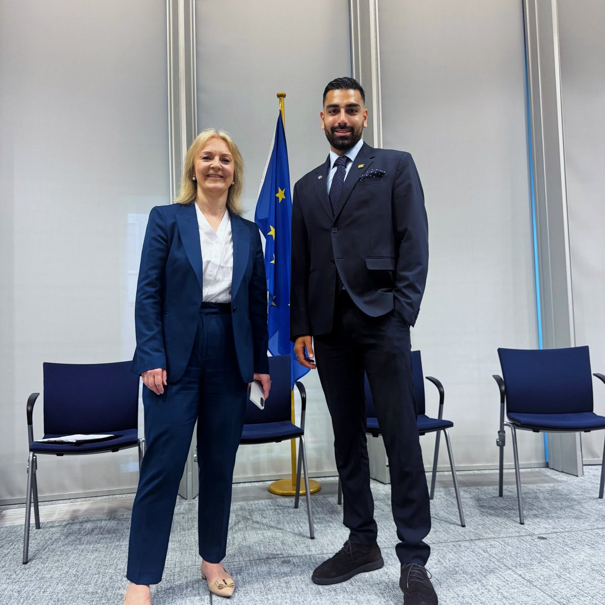 Younesrocks's tweet photo. On a panel with former British Prime Minister @trussliz , MP @FDW_VB, right-wing political activist @JoeyMannarino and our Host @paddyney in the European Parliament debating the future of UK and Europe. Full discussion dropping soon. @Newsforce https://t.co/kALjhALRBa
