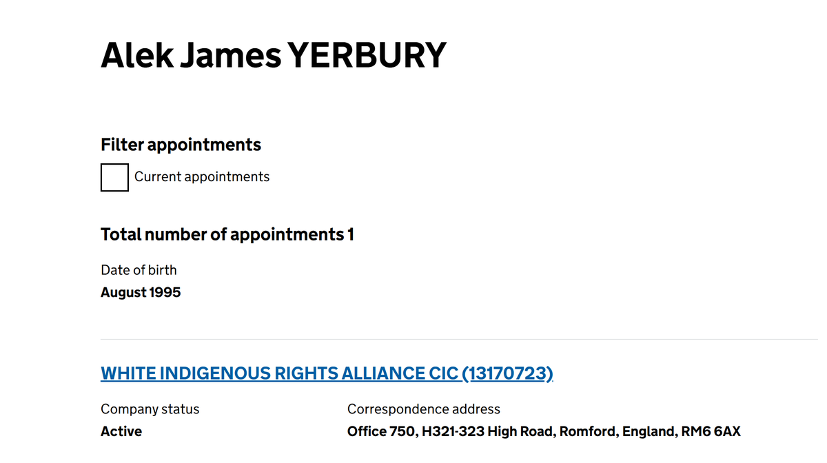 BriefcaseFFC's tweet photo. @OABeaky @AndyPearson68 Christ...I just googled Alek Yerbury and the first result is a Companies House registration of a company called "White Indigenous Rights Alliance CIC". https://t.co/1AP1WpfjEu