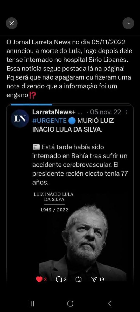 Eleonore_kr's tweet photo. @LulaOficial 😂🤣  não consegue ficar sem falar de Bolsonaro, né?
Desespero batendo na bunda?
E aí, porque essa notícia continua lá, sem ninguém contestar?
Se for isso mesmo: você está prá lá de encrencado, crime gravíssimo! https://t.co/FGSK3cWYtY