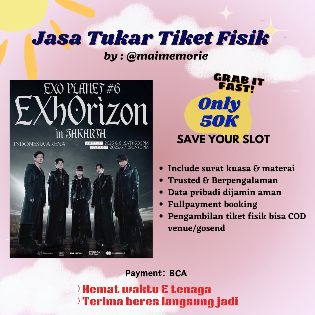 maimemorie's tweet photo. ‼️OPEN JASTIP TUKER TIKET FISIK
FOR EXO IN JAKARTA‼️

SOLUSINYA JASTIP DI SINI✨

👍🏻Day​ 1 &amp; 2 tukar hari pertama
💯Trusted &amp; Berpengalaman
✅50k/tix
✅Testi banyak cek thread
💌DM

jasa tukar tix ticket exo jkt titip aman
#EXOINJAKARTA #EXhOrizoninJKT #exhorizon_in_jkt https://t.co/6zuhNTHUkx