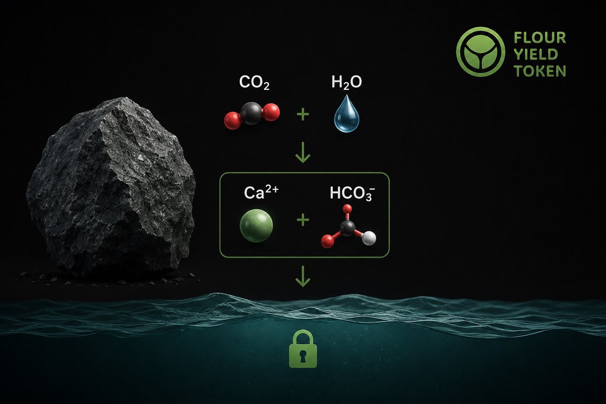 FlourYield's tweet photo. Quick chemistry lesson:

Basalt + CO₂ + H₂O → Ca²⁺ + HCO₃⁻ → 

locked in oceans for 100,000+ years
That’s what FYT is built on. 

Not hype. Geochemistry.

#ERW #ClimateScience #GreenFi https://t.co/V7uRDEY5ib