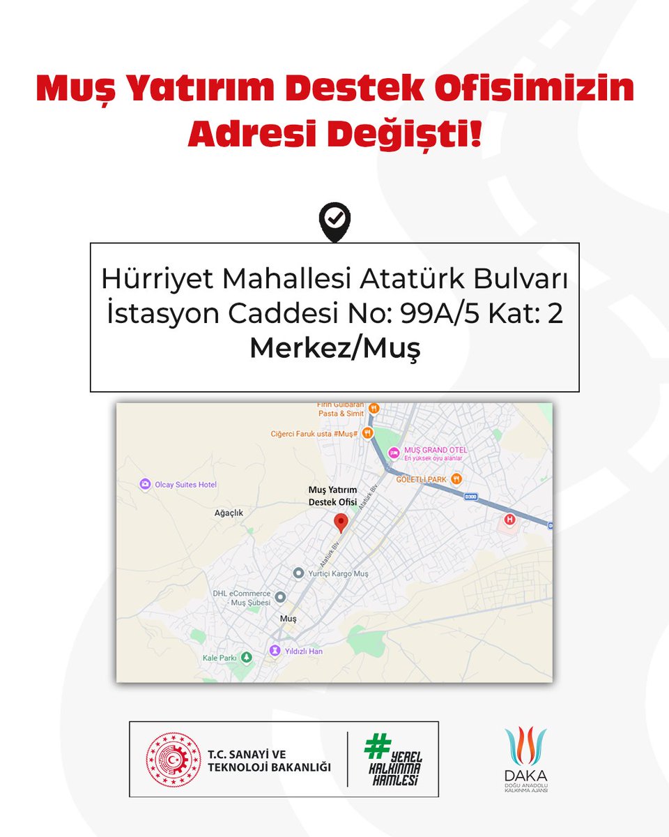 TC_DAKA's tweet photo. 📌Muş Yatırım Destek Ofisimiz Yeni Adresinde! 

🤝Bölgemizin kalkınması ve yeni yatırımların desteklenmesi için sizleri yeni ofisimize bekliyoruz.

🔗https://t.co/RJTUBqY6HC https://t.co/Y8u5KqOpon