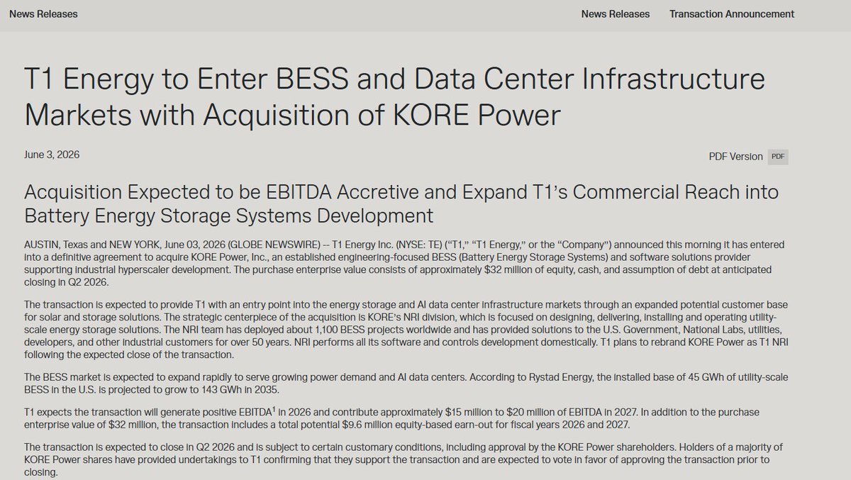 hennycapital's tweet photo. $TE just bought a 50-year-old battery storage company,  for $32M.

That company built 1,100 projects for the US Government, National Labs and hyperscalers.

TE now will sell the entire energy system. Generate it. Store it. Control it. Operate it.

$15-20M EBITDA contribution next year on a $32M price tag.

https://t.co/aTcRT0wcNQ