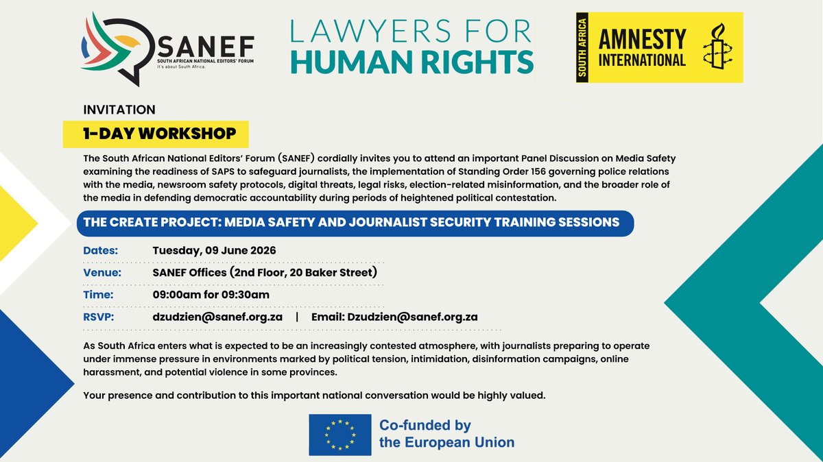 LHR_SA's tweet photo. 📢Media Safety and Journalist Security Training Sessions📢

The @SAEditorsForum  (Sanef), together with @LHR_SA and @AmnestySAfrica invites media practitioners, human rights defenders and civil society actors to a one day workshop under the CREATE project.

Details below: https://t.co/bZvKgLZUdv