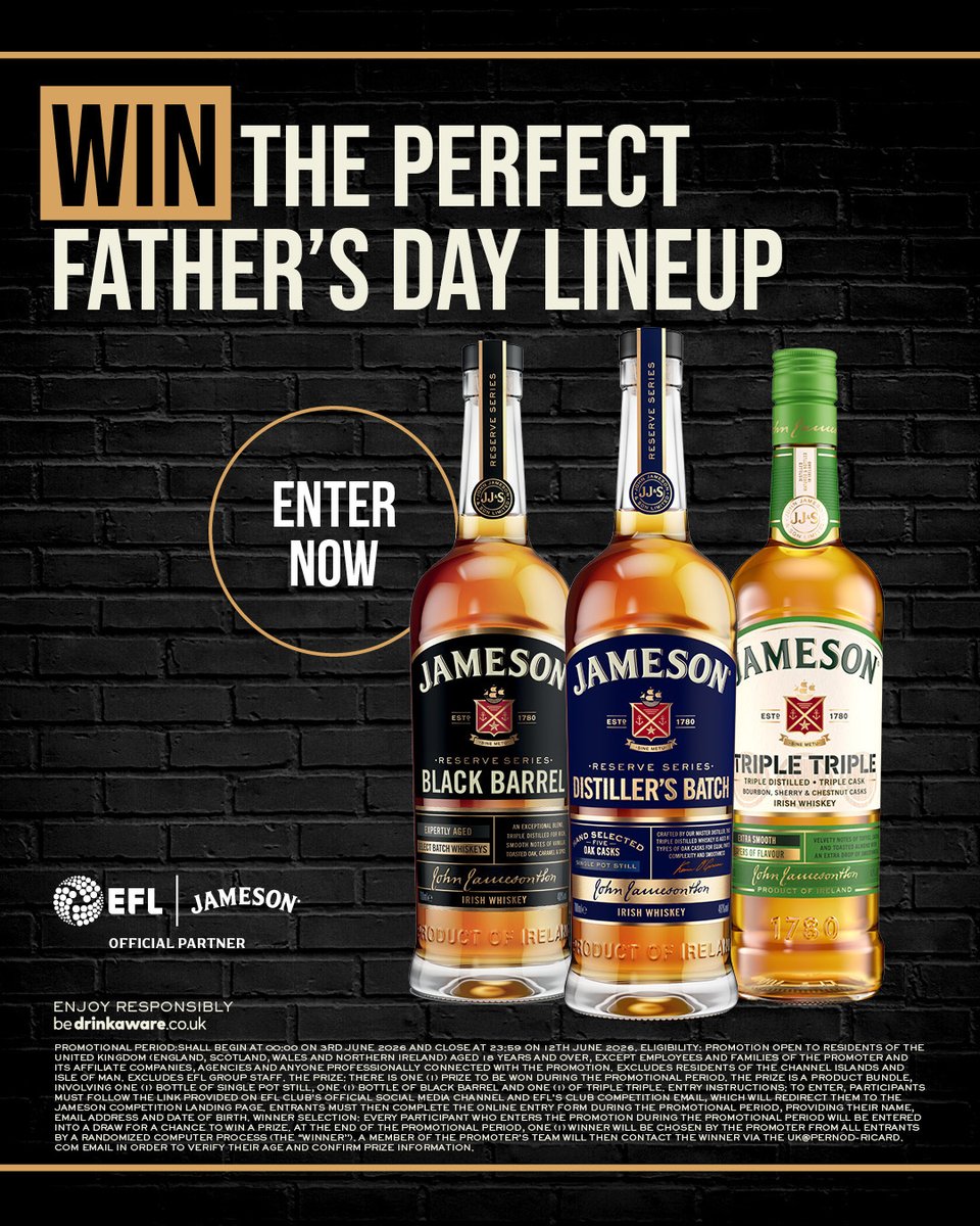 BlackpoolFC's tweet photo. #AD Looking for the perfect Father’s Day gift?

As official partner of the EFL, @jamesonuk have got you sorted! Enter below for the chance to win the ultimate Jameson lineup 🥃

Click here to win: https://t.co/nv9IXCw2J7

18+ UK only. T&amp;Cs apply. https://t.co/p6BrDFaYJz