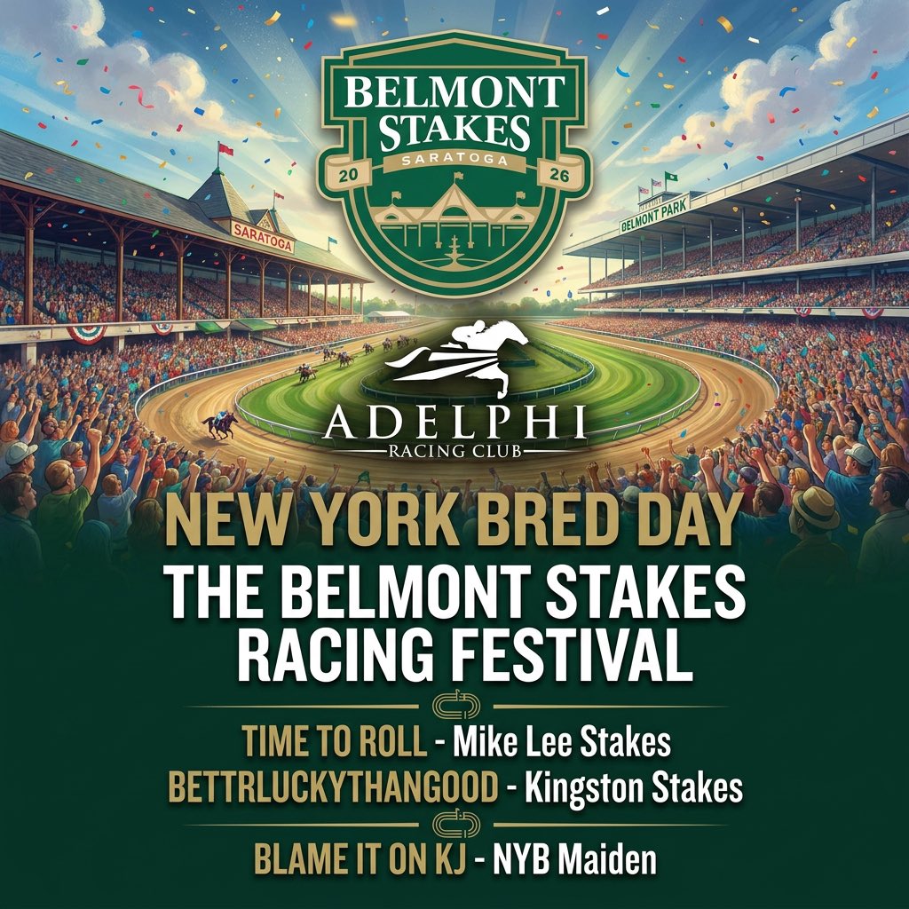 AdelphiClub's tweet photo. Today marks the exciting start of the 2026 Belmont Stakes Racing Festival in Saratoga. We are thrilled to saddle three runners today, highlighted by stakes appearances from Time To Roll in the Mike Lee and Bettrluckythangood in the Kingston. Sending the best of luck to our dedicated partners, co-owners, trainers, jockeys, and our magnificent horses. Here’s to a safe and successful festival! 🏇 @clementstable @depazracing @duggan101 @iradortiz @jose93_ortiz @thechiefsports @Stasi33