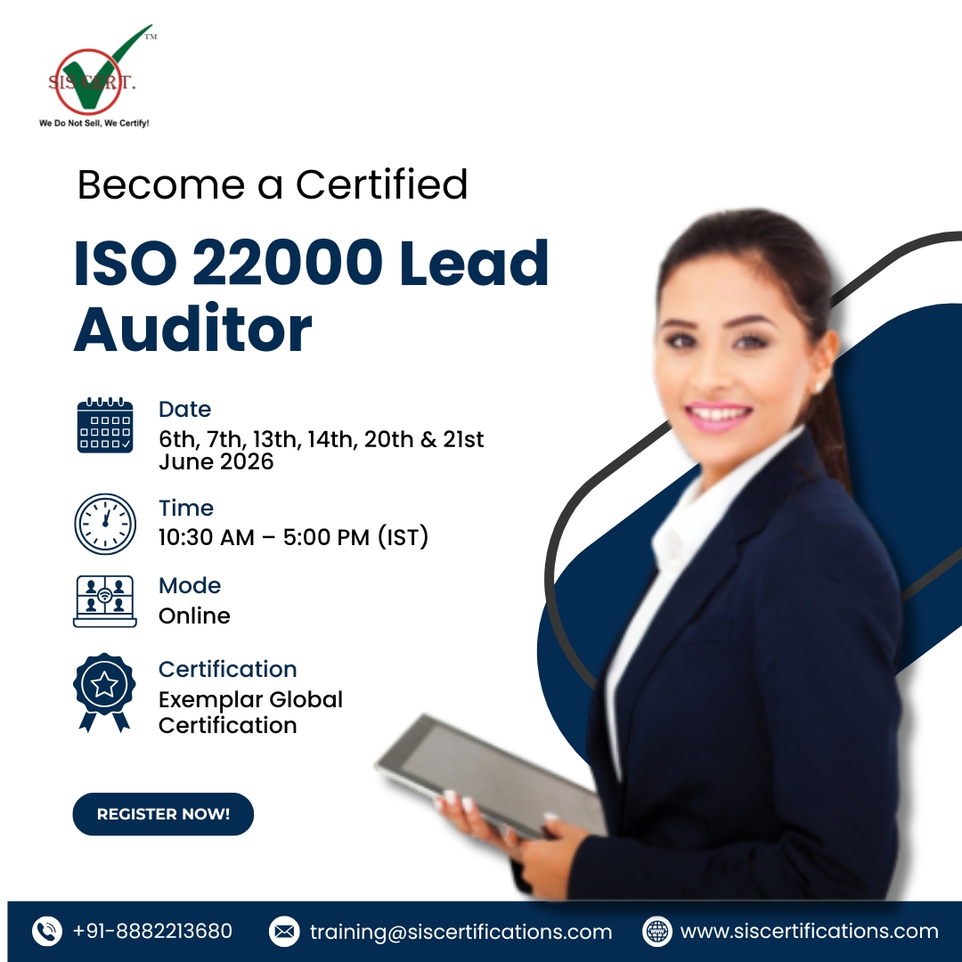 siscert's tweet photo. Become a Certified ISO 22000 Lead Auditor

📅 6th, 7th, 13th, 14th, 20th &amp; 21st June 2026
⏰ 10:30 AM – 5:00 PM (IST)
💻 Online 
🎓 Exemplar Global Certification

👉 Register Now:
https://t.co/ikHIGKPR6X

#SISCertifications #ISO22000 #LeadAuditor #FoodSafety https://t.co/wVT1UZI69G