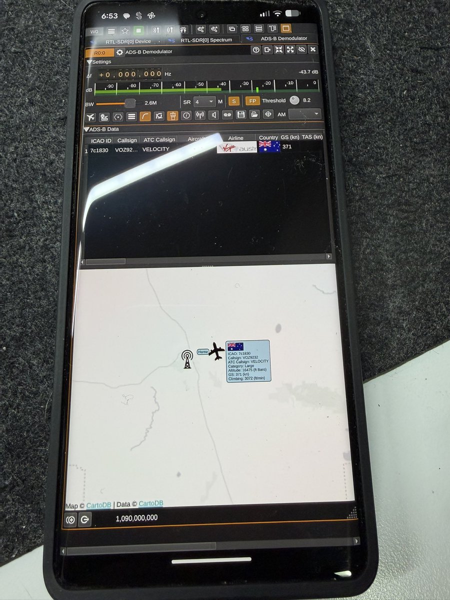 twocrowsdown's tweet photo. Something I’ve been trying to do for ages - run a SDR on a phone. Bought a secondhand Pixel 7 Pro and I just managed to receive the ADS-B data from a Virgin plane flying overhead using a cheap SDR and the totally wrong antenna. But it worked! https://t.co/KVWeAeZvjX