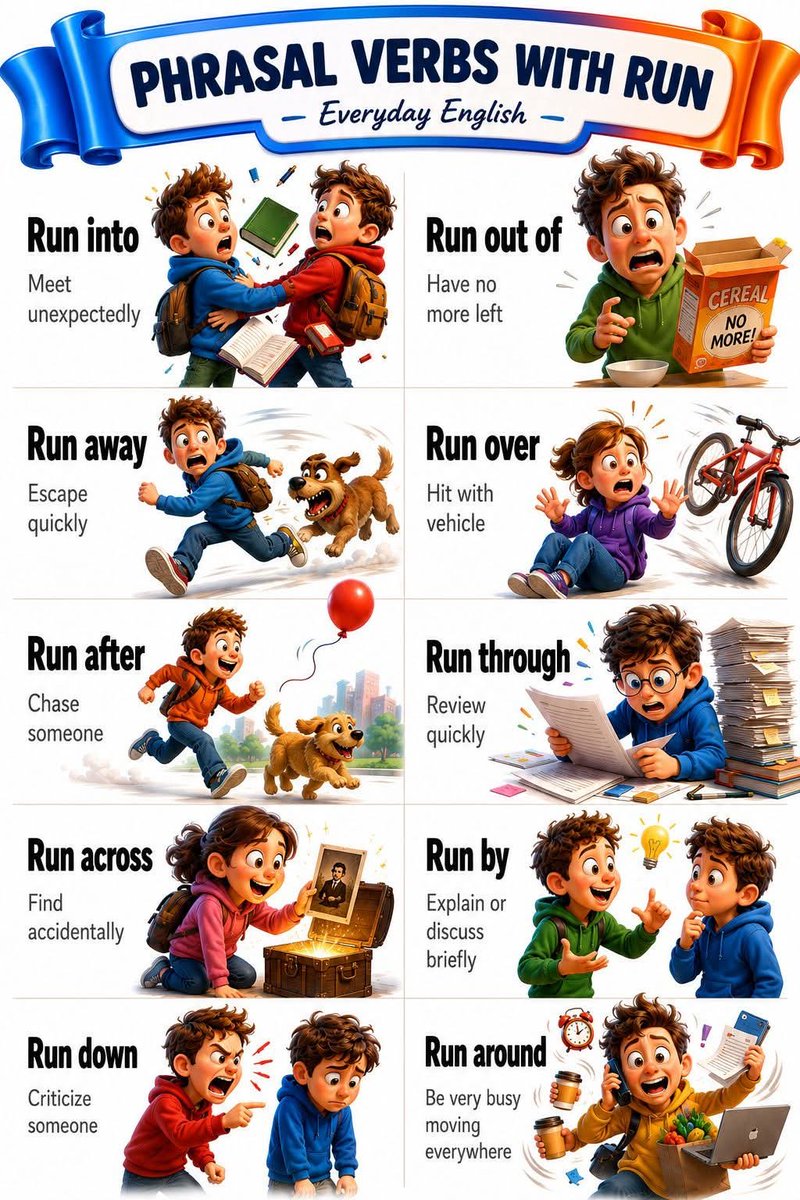Grammartipps's tweet photo. Phrasal verb with  Run https://t.co/EvEq2kwhzd