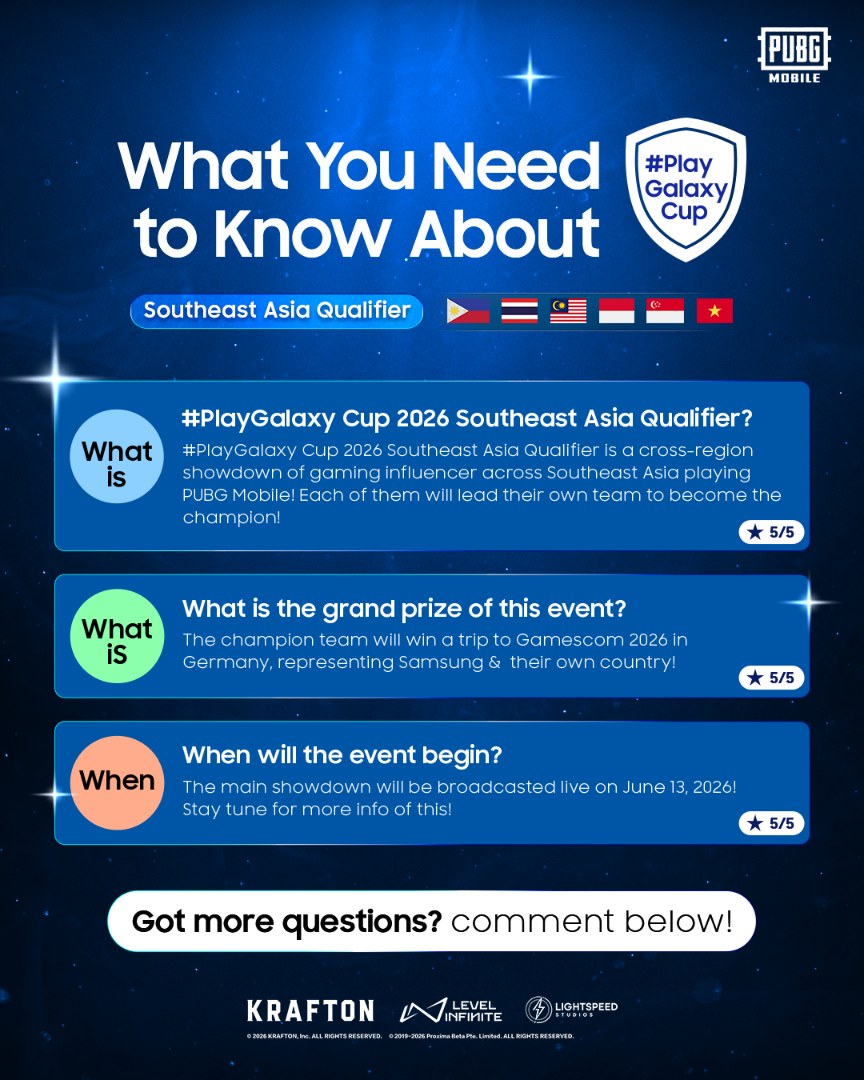 SamsungPH's tweet photo. We collected some most asked questions about #PlayGalaxy Cup 2026 Southeast Asia Qualifier!

Got more questions? Coment below and let us know your thoughts!

📅 June 13, 2026
⏰3:30 PM GMT+8

#PlayGalaxyCup #GalaxyGaming #PUBGM https://t.co/GdjX9SkQF9