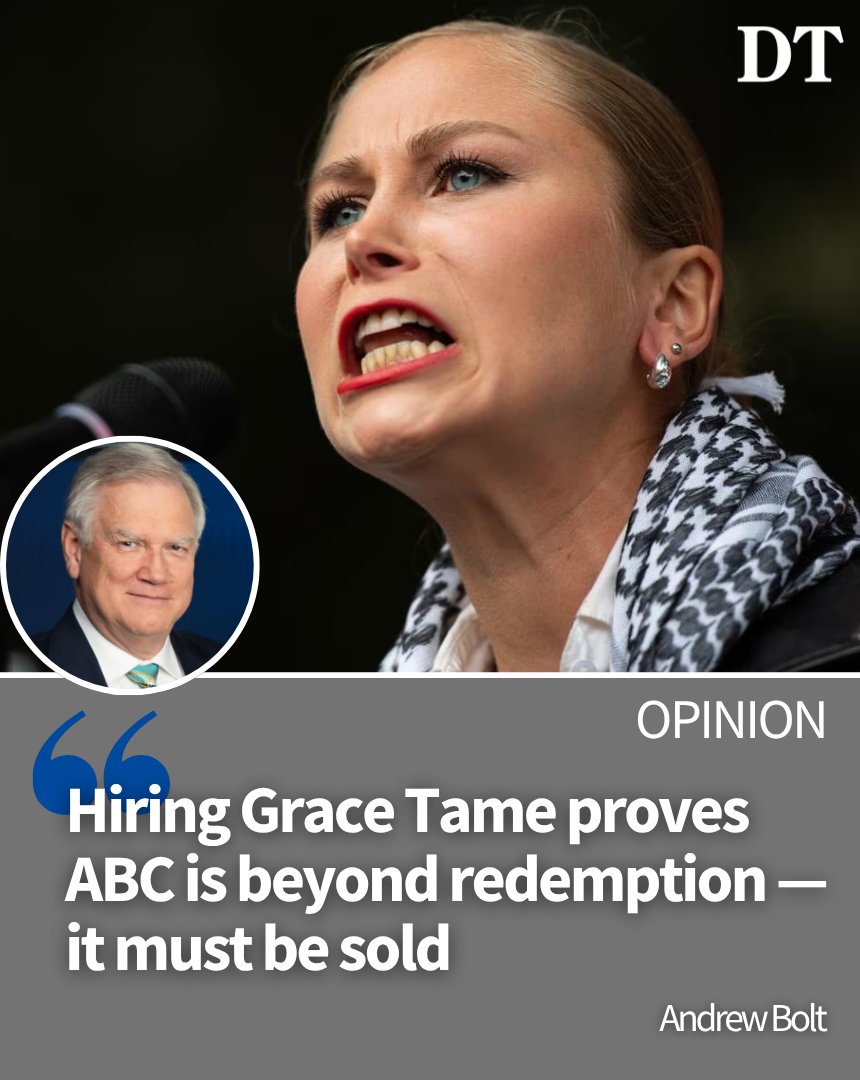 dailytelegraph's tweet photo. The ABC has crossed a line by employing Grace Tame, legitimising a dangerous hate-flamer and showing once and for all our national broadcaster is an unreformable Left-wing outfit, which must be sold, writes #AndrewBolt.

#OPINION 🎤 https://t.co/9Pcrnberwg

Get the news first with The Daily Telegraph app: https://t.co/It3JLBNjhC