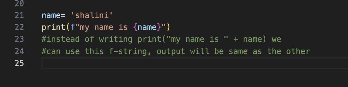 maybeshalinii's tweet photo. Day 2 of #60DaysOfDE

- Python Variables
Used to store values
Python has no identifier for a variable, a variable is created the moment you store value in it.

Case sensitive: ‘a’ and ‘A’ are two different things. A can’t overwrite ‘a’ and vice versa.

NAMING VARIABLES:
Camel case(myVariableName) and snake case(my_variable_name) is allowed.
What is not allowed:
1_my_var : can’t start with numbers
_MY_VAR : can’t start with _
My var: can’t have spaces in between

Operators:
The meaning of an operator may change based on the data types of the values next to it. 
For example, + is the addition operator when it operates on two integers or floating-point values. However, when + is used to combine two string values, it joins the strings as the string concatenation operator. 

f-strings
Think of an f-string as a way to put variable values directly inside a string.
There are only two rules:
1. Put f before the quotes.
2. Put variables inside {}.