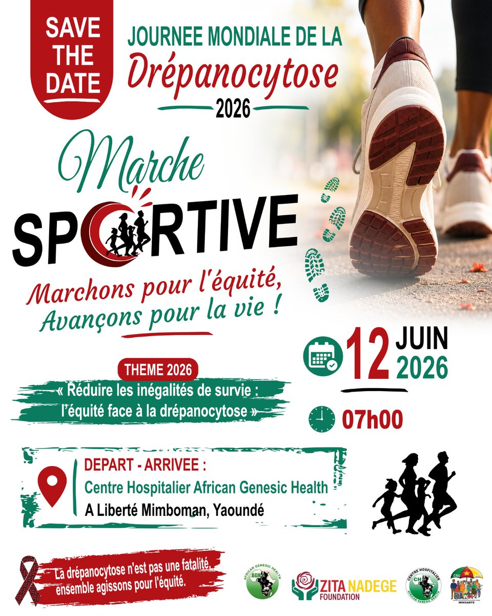 AGH_Comm's tweet photo. 🚶🏿‍♂️ Join us on June 12 for a Community Health Walk against sickle cell disease in Yaoundé.
📍 CH-AGH, Mimboman Liberté
🕖 7:00 AM
Walk. Raise awareness. Support early screening.
Every life matters. 💙
#SickleCellAwareness #WorldSickleCellDay #Cameroon #AGH
@MinsanteCMR @DrManaouda https://t.co/IOQO1dqXFF