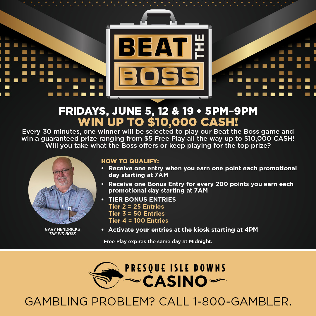 PID_Casino's tweet photo. 🎰🔥 IT’S BACK! 🔥🎰
Can you beat the Boss? 👀💪

Join us this Saturday at Presque Isle Downs &amp; Casino and find out if you’ve got what it takes! 🍀💰

#BeatTheBoss #CasinoFun #WinBig #SaturdayNight #PresqueIsleDowns 
GAMBLING PROBLEM? CALL 1-800-GAMBLER. https://t.co/FinEKMviw5