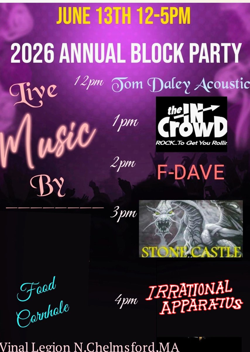 IrrationalApp's tweet photo. The North Chelmsford American Legion Summer Opener Block Party is on!

This is always a lot of fun, great food, great live music and there's even cornhole. The setting is beautiful right next to the lake.

The Apparatus will be playing starting at 4 pm. See you there! https://t.co/JGsomBiG6c