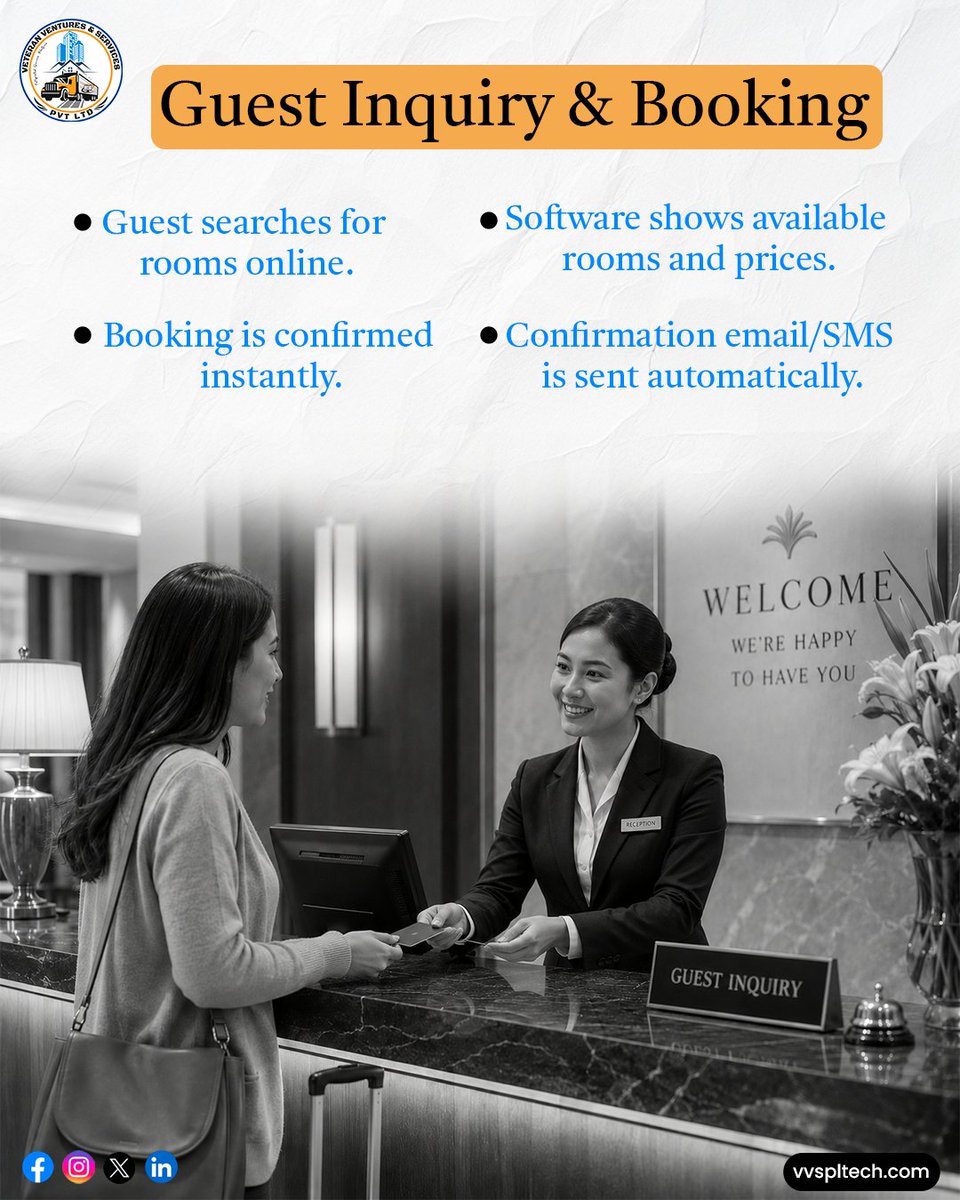 vvspl1's tweet photo. VVSPL providing a new software hotel management, enhance guest satisfaction, and drive business growth with smart technology from VVSPL.

One Software. Endless Possibilities.
Call: 7894689818
🌐 https://t.co/YDiztnrT2V
#VVSPL #HotelSoftware #HospitalityManagement https://t.co/OqUEEmcc2s