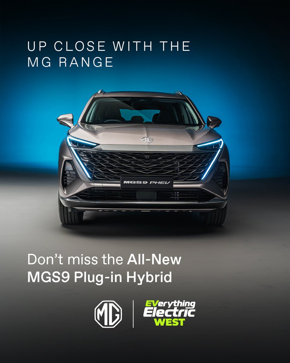 MGmotor's tweet photo. Discover what MG is bringing to Everything Electric West.

On the stand, you’ll be able to see the All-New MGS9 Plug-in Hybrid, MG Cyberster, and the All-New MG4 EV Urban.

#MG #EverythingElectricWest https://t.co/QmEgH5Nrd7