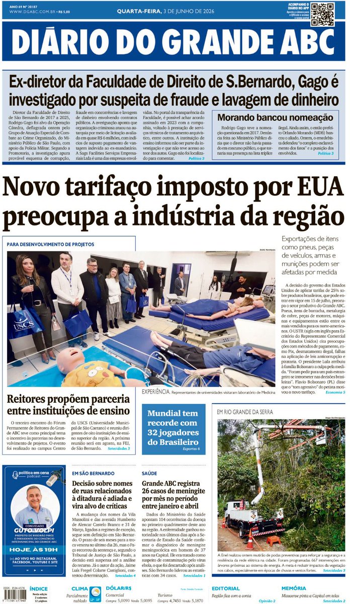 DGABC's tweet photo. Confira as principais notícias desta quarta-feira, 03 de junho de 2026. 
Acesse https://t.co/Iq0iv691eg para mais reportagens e informações da região. https://t.co/HppybFUF82