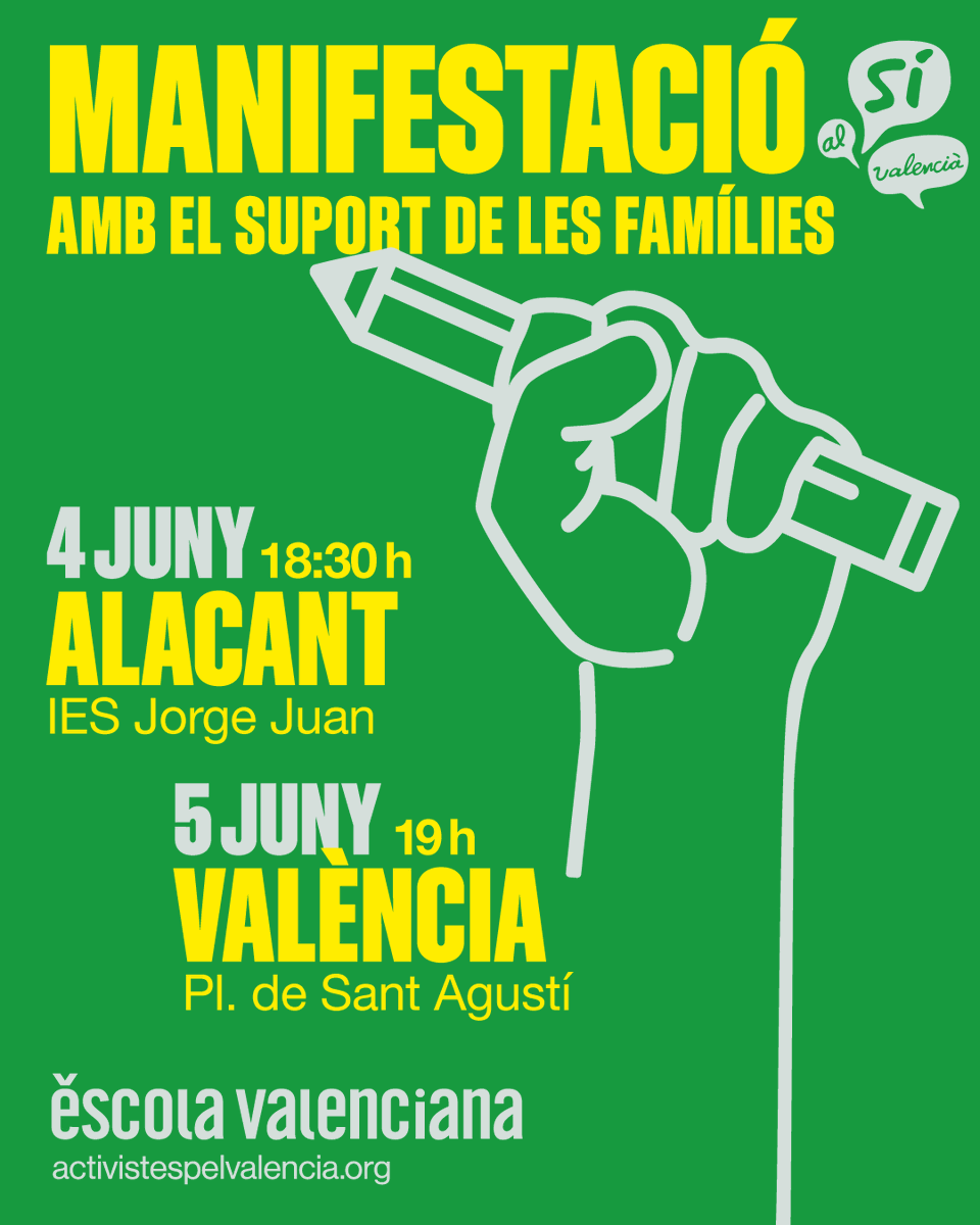 escolatv's tweet photo. 📢 5J Vaga de famílies!

Aquest divendres, les famílies també fem vaga: no portes els teus fills i filles a l'escola i participa en les mobilitzacions✊ 

🗓️4 de juny, 18.30 h
📍Alacant

🗓️5 de juny, 19 h
📍València

💛Busca'ns amb la pancarta groga de "Som l'Escola Valenciana"! https://t.co/Oq9N7CL5Fo