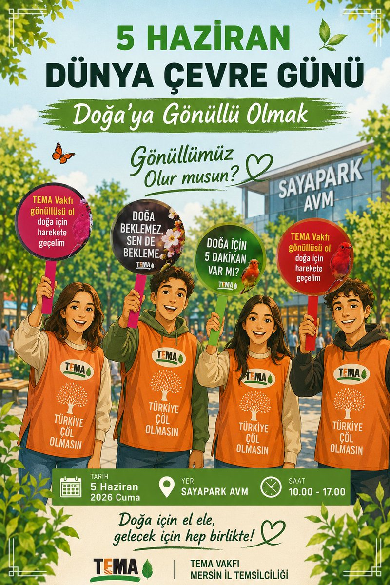 temamersin's tweet photo. 🌿 5 Haziran Dünya Çevre Günü'nde Buluşuyoruz! 🌿

TEMA Vakfı Mersin İl Temsilciliği olarak "Gönüllü Kazanım ve Bilgilendirme" standımızda çalışmalarımız hakkında bilgi alabilir, doğa için atılan adımlara ortak olabilir ve TEMA gönüllüsü olarak aramıza katılabilirsiniz. https://t.co/IYafrwqxSH