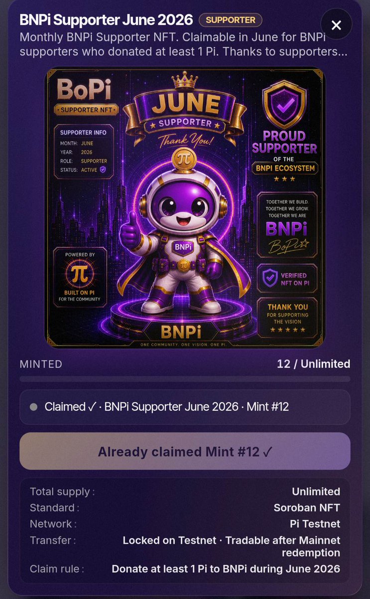 Reetzkii28's tweet photo. Just minted my BNPi Supporter June 2026 NFT! Proud to be Mint #12. Building the future of the Pi Ecosystem together. 

@SK_devStudios #BNPi #BoPi #PiNetwork #NFT https://t.co/bGaKx2UsTT