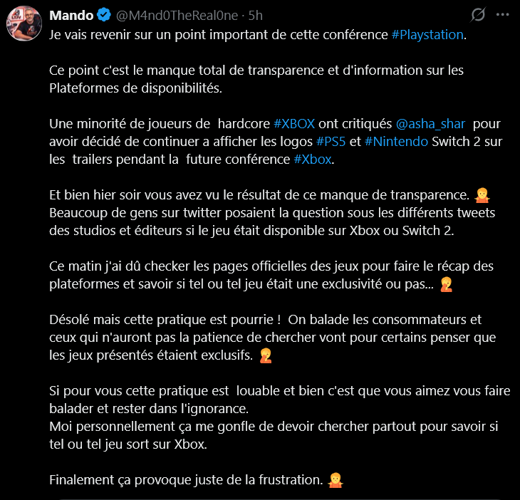 XboxForNEVER's tweet photo. "faut chercher si ça sort sur Xbox"

Mdr, à 2 doigts de découvrir le marketing : dans une com PS5, on ne met en avant que la PS5 et ça marche.

C'est vieux comme le monde mais en 2026, on a encore Clowns &amp; Compagnie qui pensent que le jeu vidéo est un secteur humanitaire.... https://t.co/1GLEN0kn50