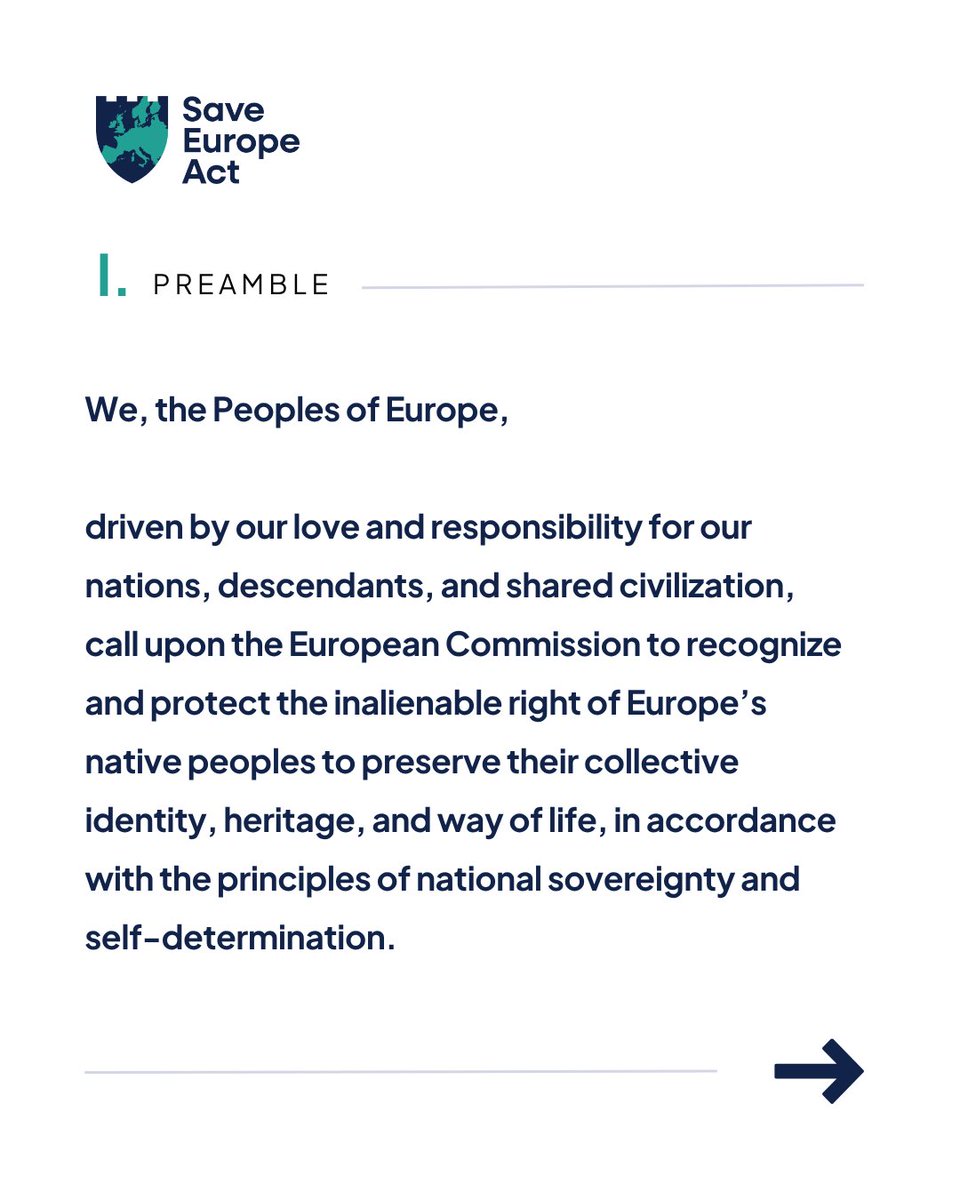 EvaVlaar's tweet photo. The @SaveEuropeAct is in essence an initiative to protect the rights of the Native peoples of Europe. 

Our rights often remain unrecognized, and have been disregarded and violated by replacement migration and its disastrous consequences. 

We demand change. The ethnocultural continuity of our peoples is crucial for Europe’s preservation. This is our home and we are not willing to lose it. 

Here is the Act. Sign it now at https://t.co/IRZRt6lJCD