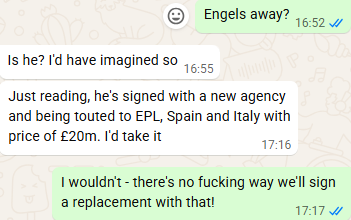 ____CJ______'s tweet photo. @Airthreycastle3 Actual convo between me and my brother - you're absolutely bang on. The fuck does it matter how much he's going for? Bottom line is, our board WILL NOT SPEND IT to replace him https://t.co/2Cuzfl1w8J