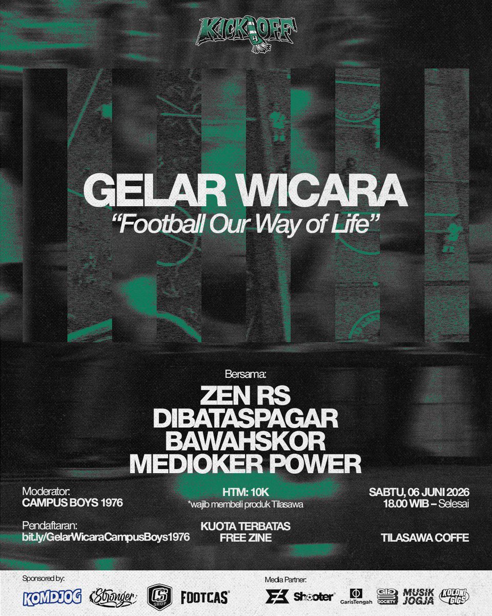 garistengah_id's tweet photo. MinGT punya info agenda menarik di DIY buat malam minggu besok, guys😍

Gelar Wicara bersama Zen RS, Dibataspagar, Bawahskor, dan Medioker Power yang bakal mengajak kita melihat sepak bola dari sudut pandang yang berbeda. 

“FOOTBALL OUR WAY OF LIFE!”

See y'all there!👋🔥 https://t.co/qxoInwrEdY