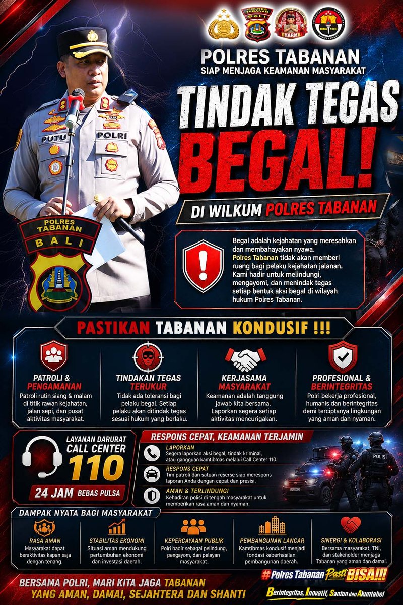 PolsekSelemadeg's tweet photo. 🚨 POLRES TABANAN SIAP JAGA KEAMANAN MASYARAKAT 🚨

Tidak ada ruang bagi pelaku begal dan kejahatan jalanan di wilayah hukum Polres Tabanan. 

#divhumaspolri
#polri 
#poldabali 
#polrestabanan 
#polisiindonesia
#polripresisi
#tabananupdate 
#tabanan 
#tabananviral https://t.co/TXLL99LSRN