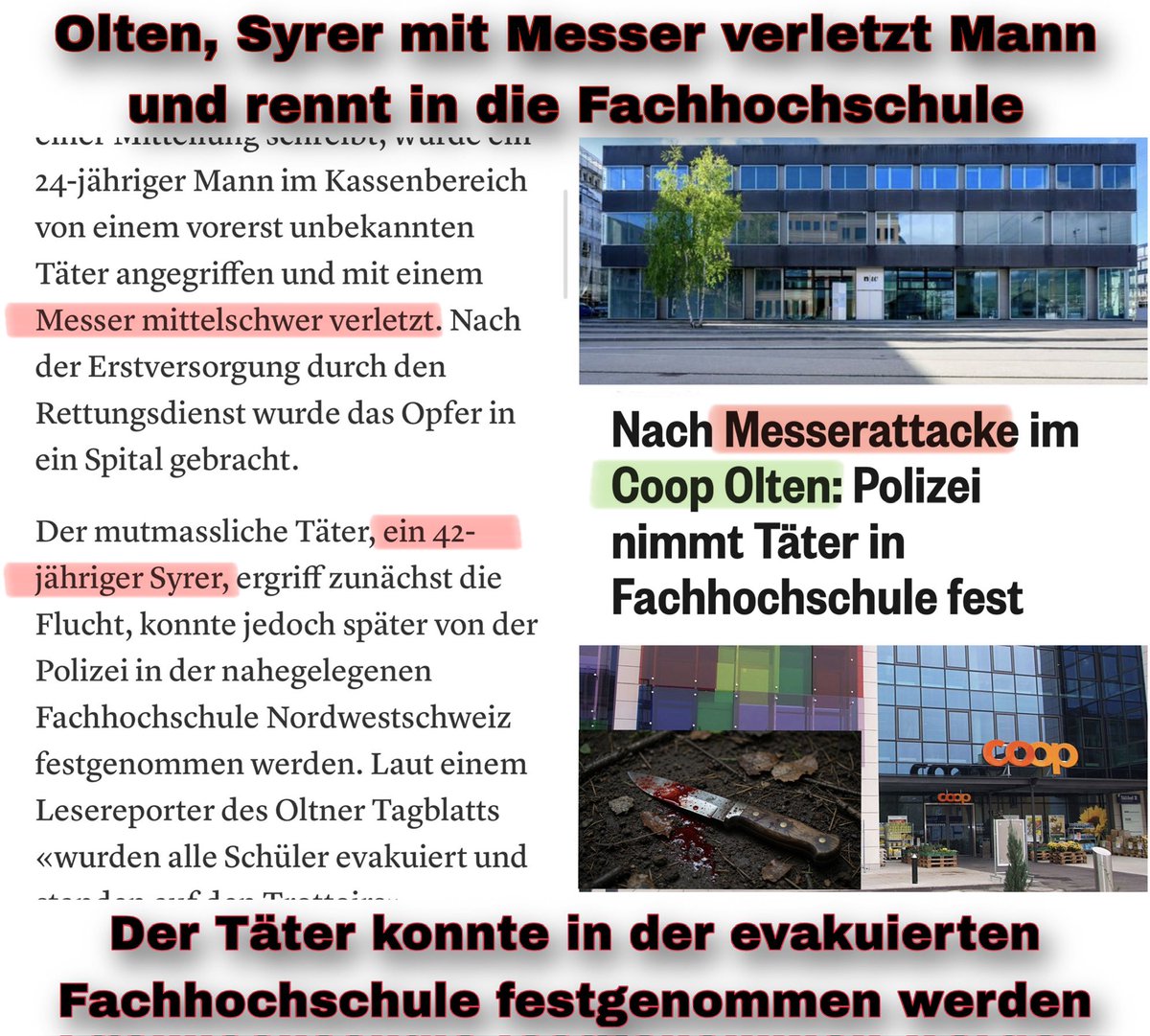 kurt_nunlist's tweet photo. 🚨 MESSERATTACKE IN OLTEN – direkt bei uns!

Ein 42-jähriger Syrer verletzt einen 24-jährigen Mann im Coop mittelschwer mit dem Messer und flüchtet in die Fachhochschule. Die Schüler mussten evakuiert werden. Die Polizei hat den Täter später festgenommen.

Solche Vorfälle häufen sich. Sie sind die Folge einer Zuwanderungspolitik, die Integration nicht ernst nimmt und unser Land überfordert – für die ansässige Bevölkerung und für die Menschen, die hier Schutz suchen.

Am 14. Juni stimmen wir über die Nachhaltigkeitsinitiative «Keine 10-Millionen-Schweiz!» ab.

Sie begrenzt das Bevölkerungswachstum, schützt unsere Sicherheit und macht Integration wieder möglich.

Wir sind nur 2–3 % zurück. Jetzt zählt jede Stimme!

Teilt diesen Post, redet mit eurem Umfeld und stimmt JA am 14. Juni – für ein sicheres und nachhaltiges Schweiz.
#Keine10MillionenSchweiz #JaAm14Juni #Nachhaltigkeitsinitiative