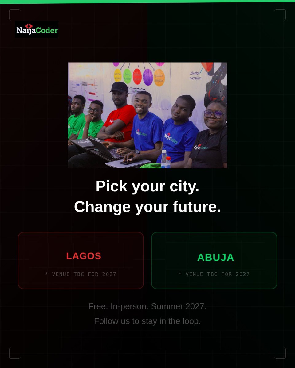 naijacoderorg's tweet photo. Every summer, NaijaCoder brings free, real computer science education to Lagos and Abuja, taught by Nigerian engineers and PhDs based in the US. Swipe through to find the difference between each cities.

NaijaCoder 2027 is coming. Follow so you don't miss it. 🧵
#NaijaCoder https://t.co/Yk7k0CQVMx