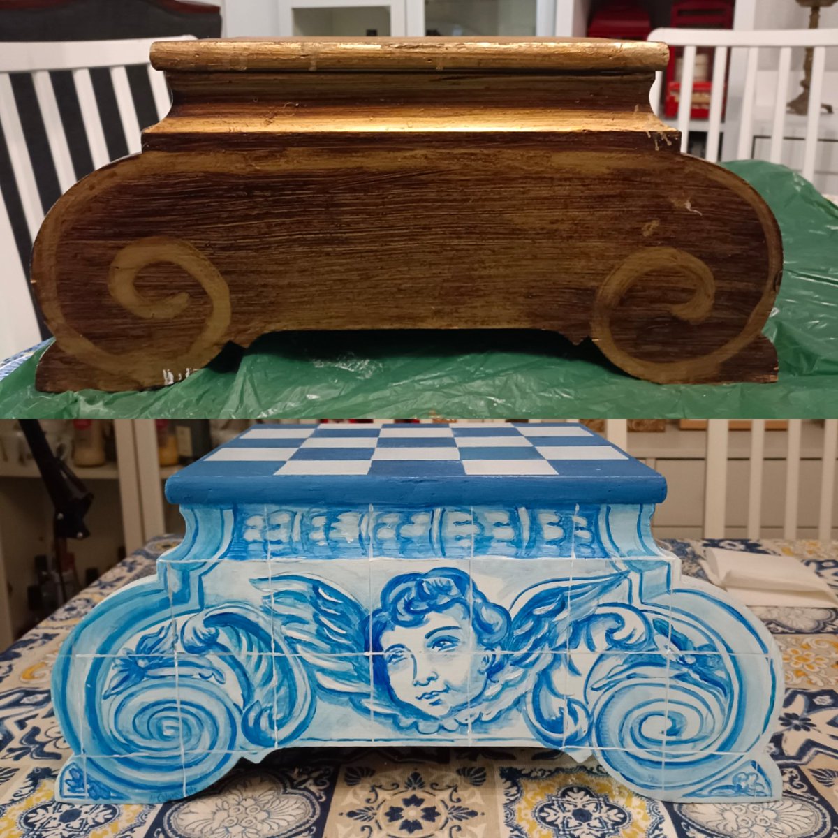 ColorArteML's tweet photo. El antes y el después de esta peana. Tras retirar tres capas de pinturas y barnices oxidados se ha policromado está pieza de madera imitando azulejos color cobalto típicos de Portugal. 
#regalacolorarte #colorarte #artesacro https://t.co/oGXYxwAfaZ