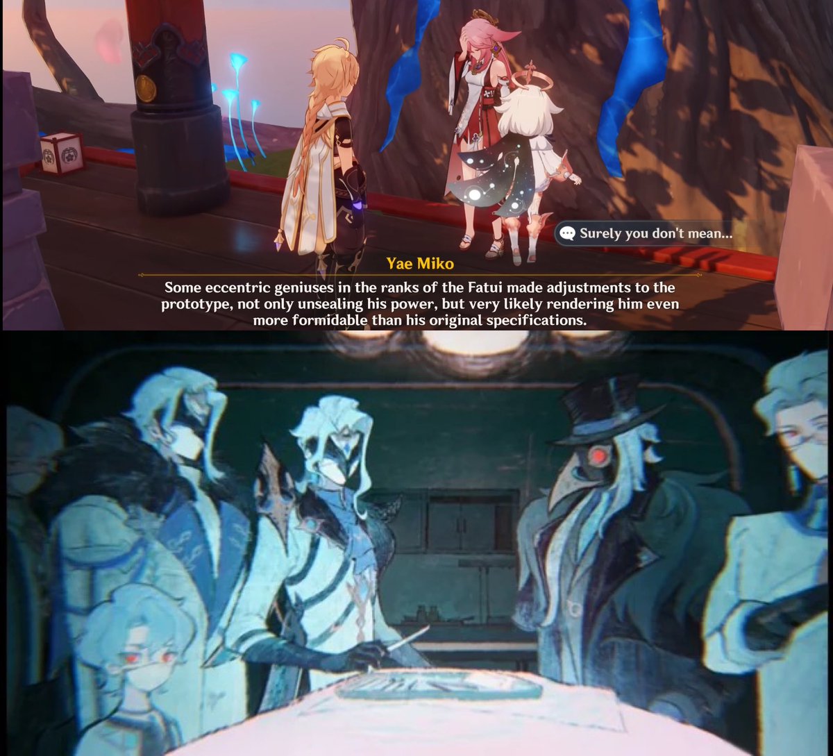 nemohew's tweet photo. it’s funny to think the fandom once considered yae’s line as scara being upgraded by both dottore and sandrone when it was a reference to dottore’s segments all along: https://t.co/u7mU7oojyN