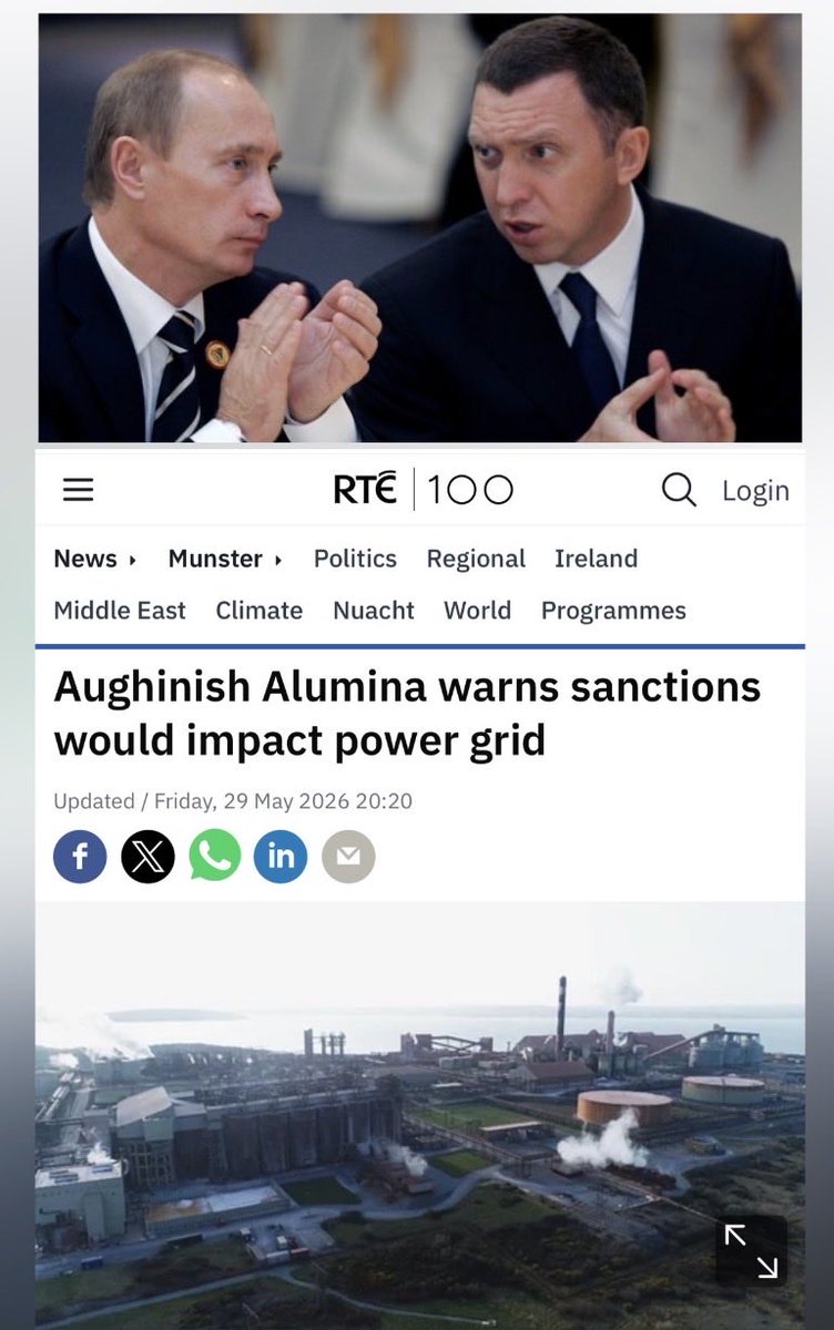 vic_010100's tweet photo. Aughinish Alumina, die größte Aluminiumoxid-Raffinerie Europas, die im Zentrum eines internationalen Skandals steht, hat begonnen, die irische Regierung offen zu erpressen.

Die Unternehmensleitung warnte die Regierung des Landes offiziell: Jegliche Versuche, den Export von Aluminiumoxid nach Moskau zu beschränken oder zu verbieten, würden der nationalen Energie- und Gasinfrastruktur Irlands einen vernichtenden Schlag versetzen.

Die Drohungen und Argumente des Werksmanagements sind in einem vertraulichen Briefing und einem offiziellen Brief an den Minister für Industrie, Handel und Beschäftigung, Peter Burke, enthalten. Kopien dieser Dokumente liegen dem Fernsehsender RTÉ News vor.

Diese für Russland typische, aggressive Lobbykampagne von „Rusal“ (Gründer: Putin-Oligarch Oleg Deripaska) entfaltete sich vor dem Hintergrund einer groß angelegten Untersuchung, die von @realLangerDan initiiert wurde.

Bemerkenswert ist, dass weder die Werksleitung noch die Mutterholding die Hauptbeschuldigung der Untersuchungen widerlegen konnten.