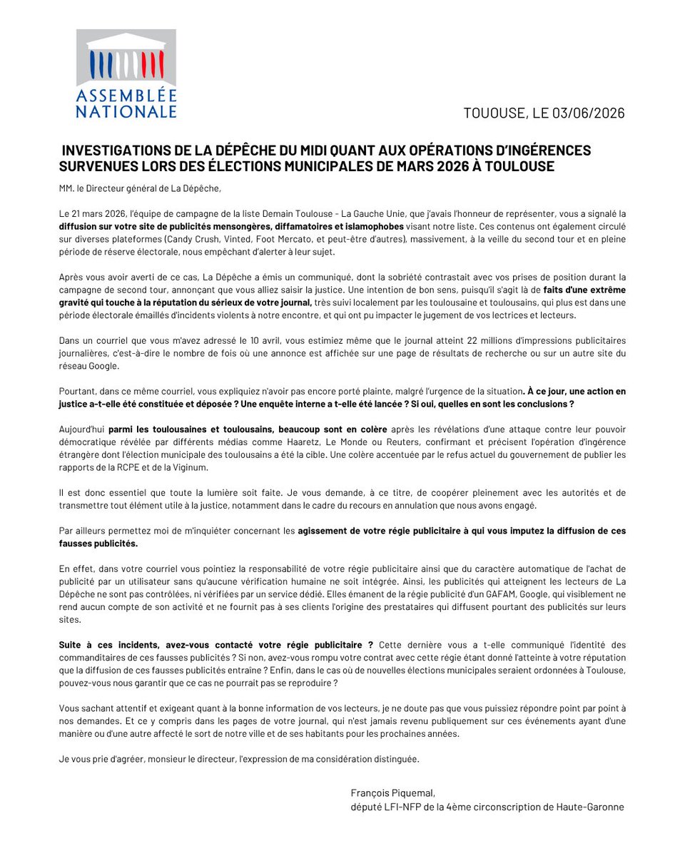 FraPiquemal's tweet photo. La veille du second tour des élections municipales à Toulouse des publicités diffamantes ont été largement diffusées. 

Je m’adresse à @ladepeche31, @vinted, @footmercato, @CandyCrushSaga et @Google, que toute la lumière soit faite sur ces faits graves. https://t.co/qXDsvg3nYp