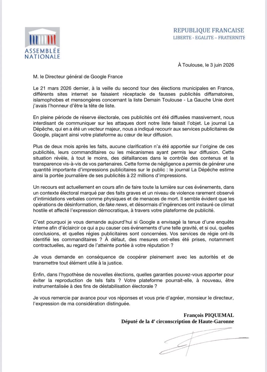 FraPiquemal's tweet photo. La veille du second tour des élections municipales à Toulouse des publicités diffamantes ont été largement diffusées. 

Je m’adresse à @ladepeche31, @vinted, @footmercato, @CandyCrushSaga et @Google, que toute la lumière soit faite sur ces faits graves. https://t.co/qXDsvg3nYp