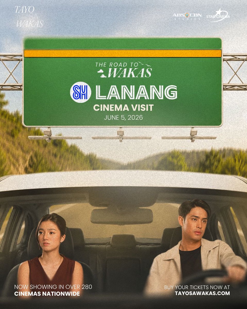 StarCinema's tweet photo. The Road to Wakas continues! 🚙☁️

Join Donny Pangilinan and Belle Mariano LIVE and get ready for an unforgettable evening filled with fun, excitement, and surprises! ✨

🗓️JUNE 5 | SM Lanang | 11AM Cinema Visit

🗓️JUNE 6 | SM City Iloilo | 2PM Cinema Visit | 5PM Mallshow

🗓️JUNE 7 | SM City Bacolod | 3PM Cinema Visit | 5PM Mallshow

See you there! 👀

Get your tickets now and experience Tayo Sa Wakas! Visit https://t.co/GWCheUrvn0 🎟️

#TayoSaWakas — a 33rd anniversary offering from Star Cinema, a film by Cathy Garcia-Sampana.

Now on its SECOND WEEK in cinemas nationwide!